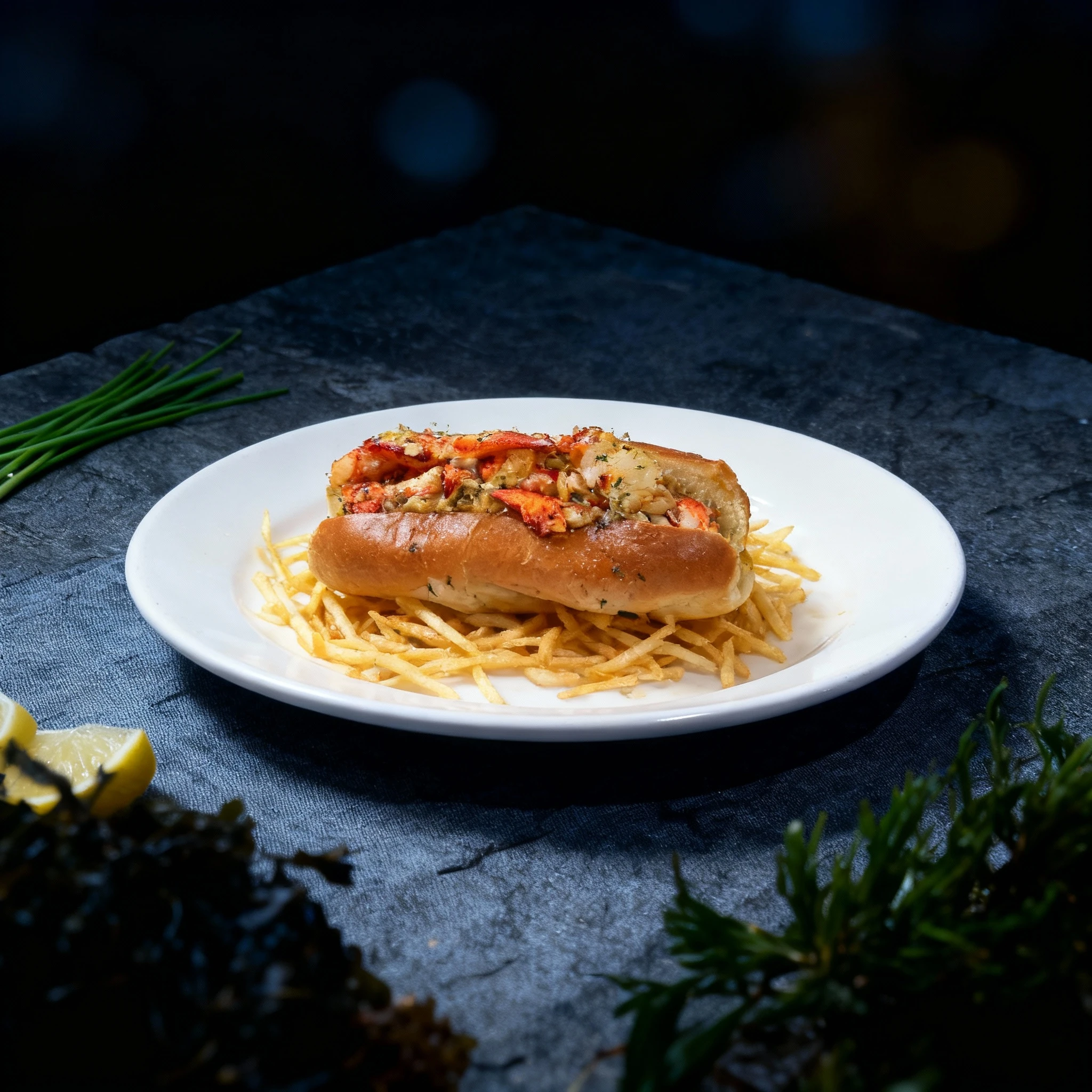 A lobster roll featuring chunks of lobster meat and herbs served in a toasted brioche bun atop a bed of shoestring fries.