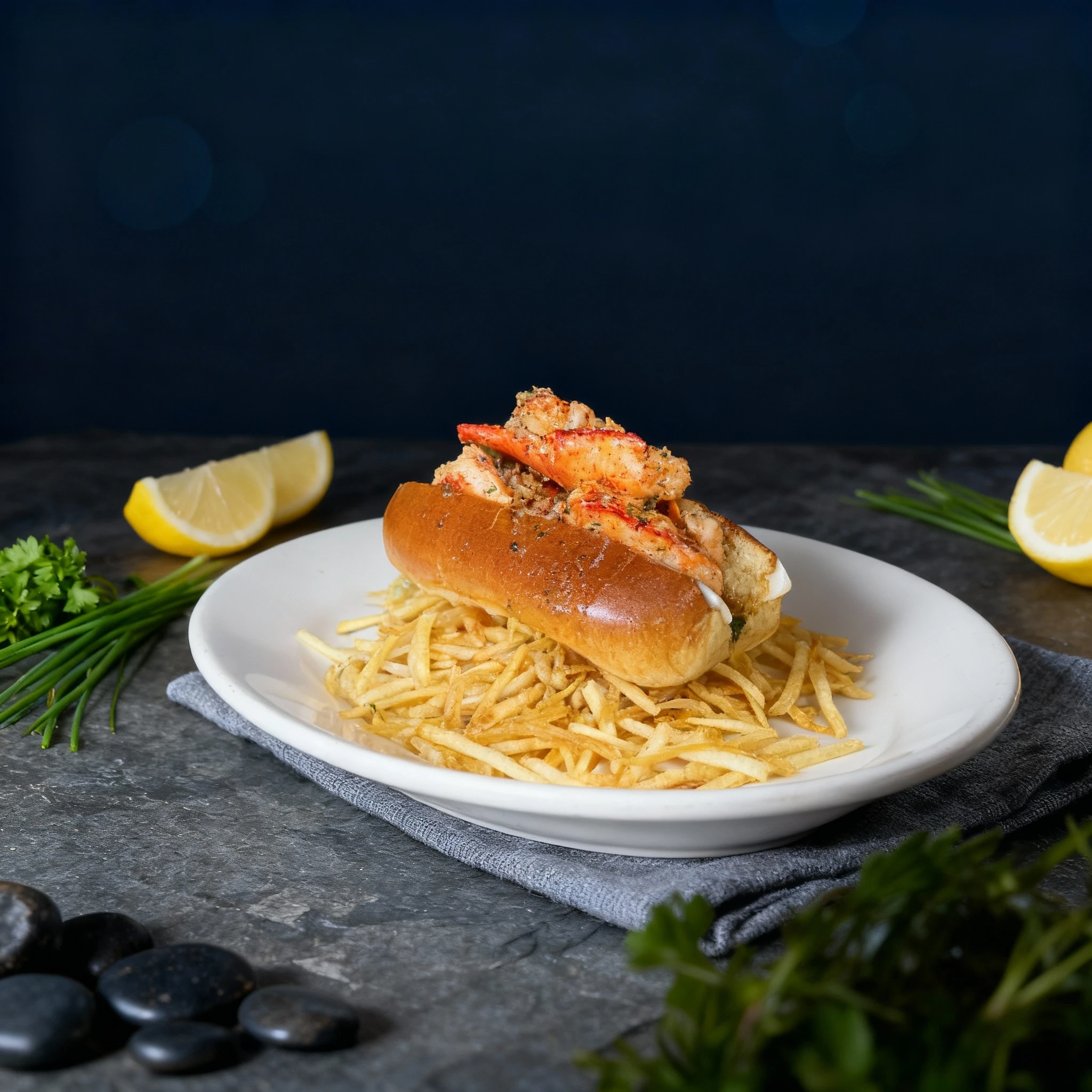 Lobster roll featuring chunks of seasoned lobster meat in a toasted brioche bun, served over a bed of thin shoestring fries.
