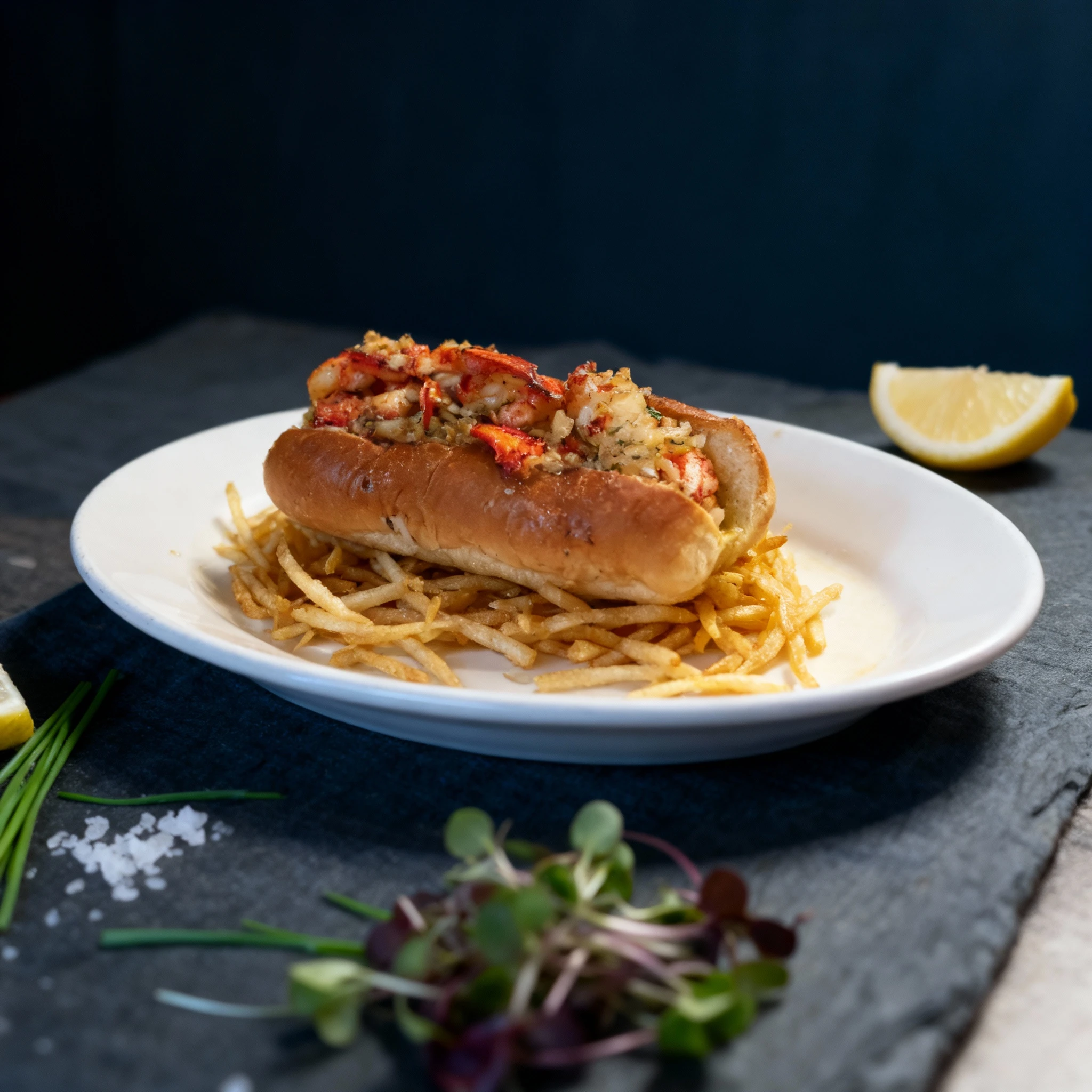 A lobster roll featuring chunks of lobster meat and a lobster claw in a toasted bun, served on a bed of thin shoestring fries.