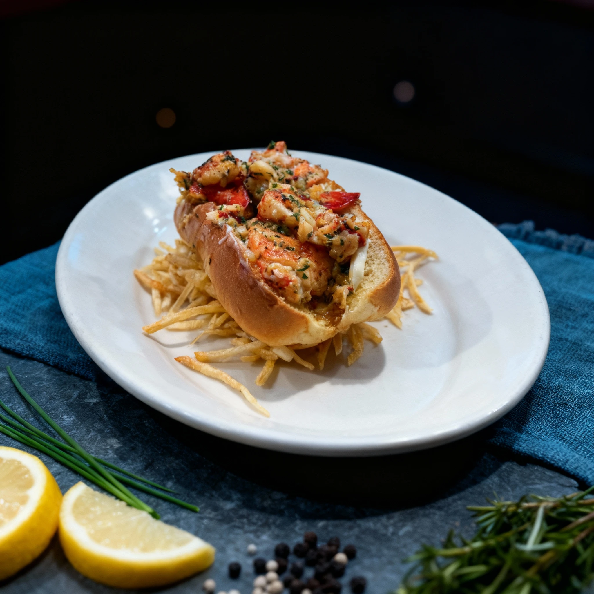 A lobster roll featuring chunks of seasoned lobster meat in a toasted brioche bun, served on a bed of shoestring fries.