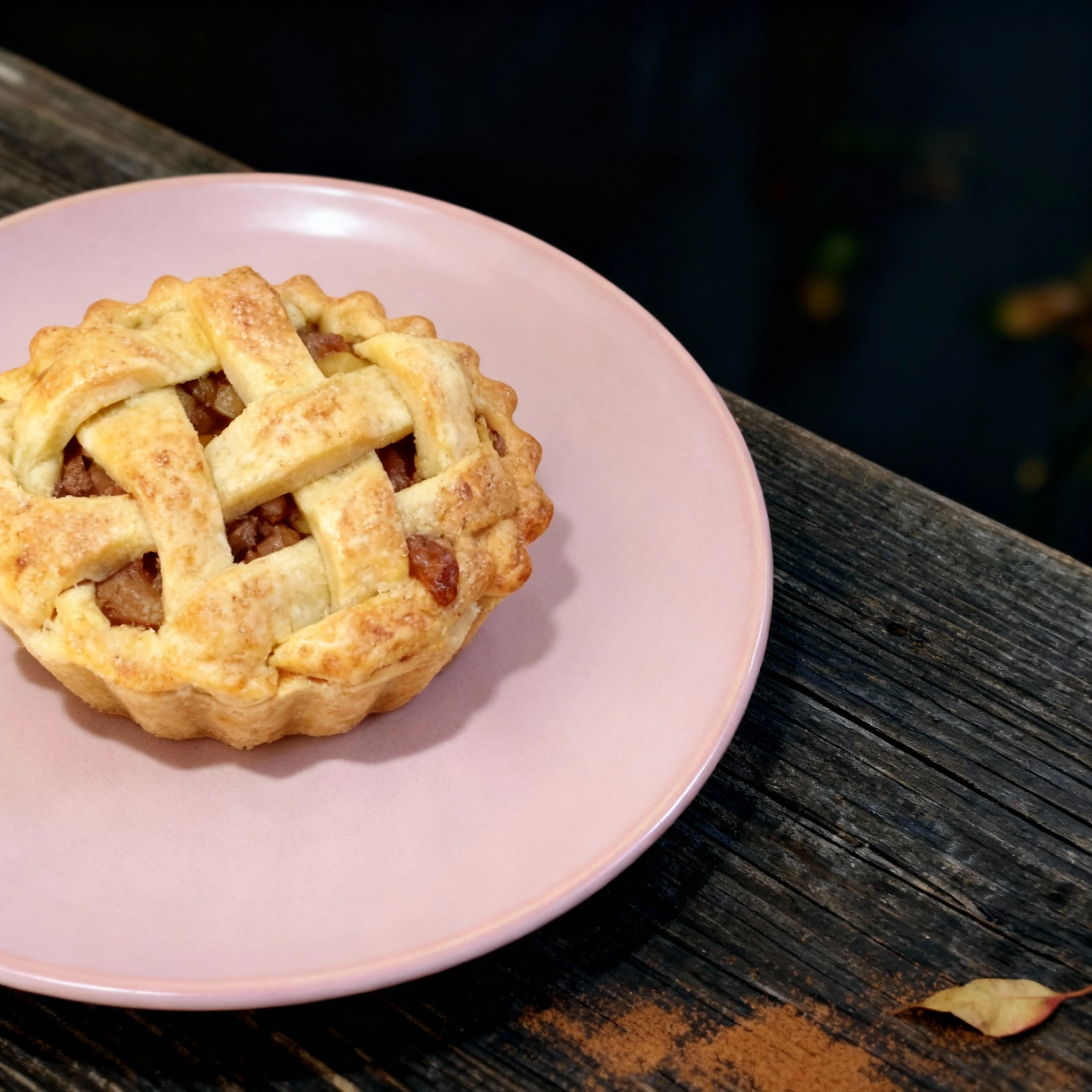 A small lattice-top apple tart with a fluted golden pastry crust on a pink ceramic plate.