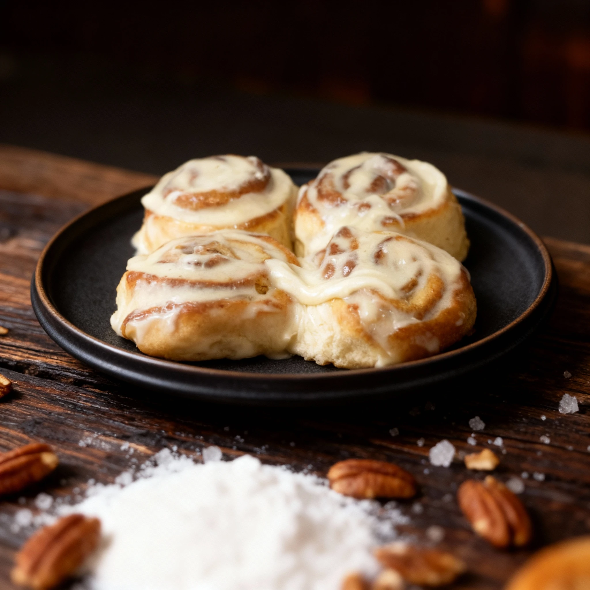 Four freshly baked cinnamon rolls featuring visible cinnamon spirals and generously covered with a thick, glossy cream cheese frosting.