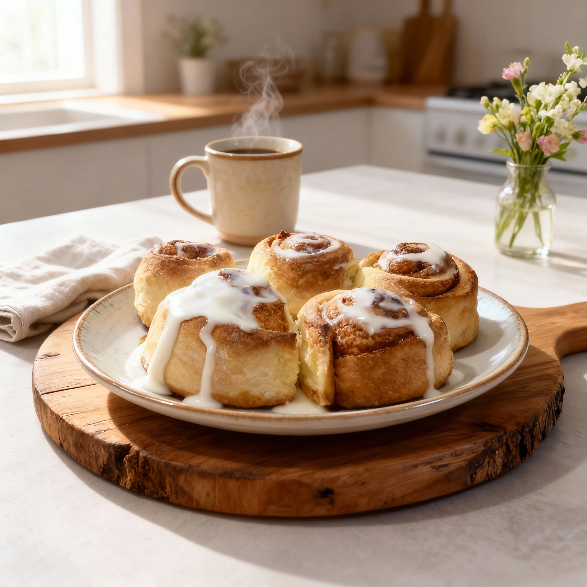 Freshly baked cinnamon rolls being drizzled with a thick white cream cheese icing.