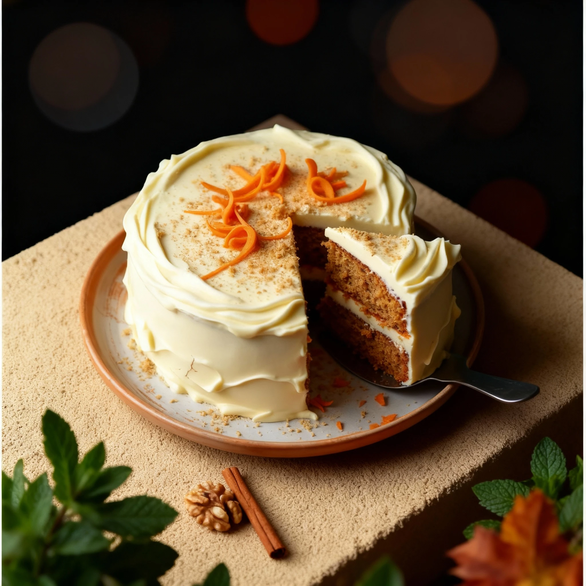 Two-layer carrot cake with thick cream cheese frosting, topped with carrot curls and cake crumbs.