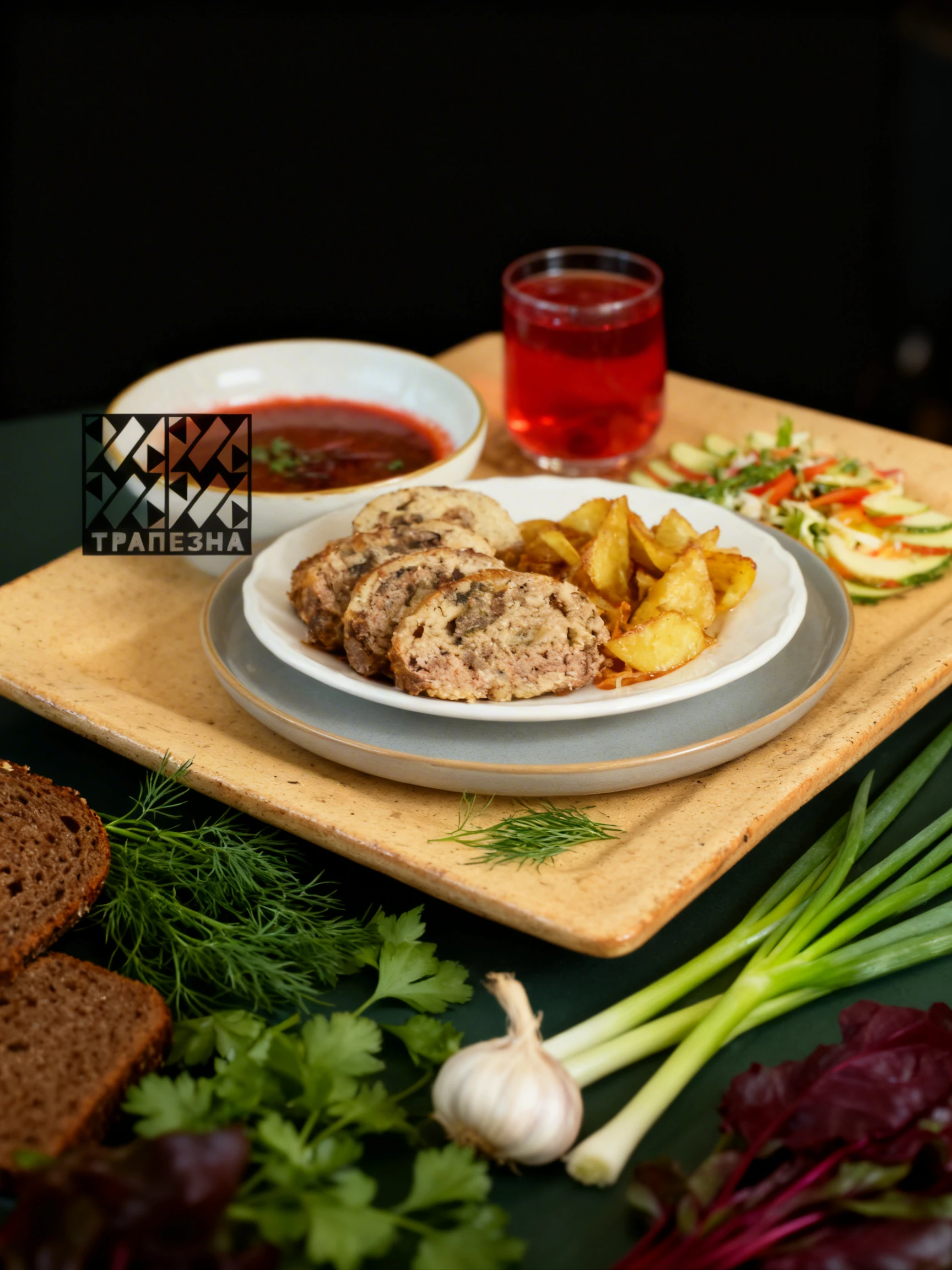 Ukrainian meal set featuring a plate of stuffed meatloaf, fried potato slices, and a fresh vegetable salad, served with a bowl of red borscht and a glass of fru
