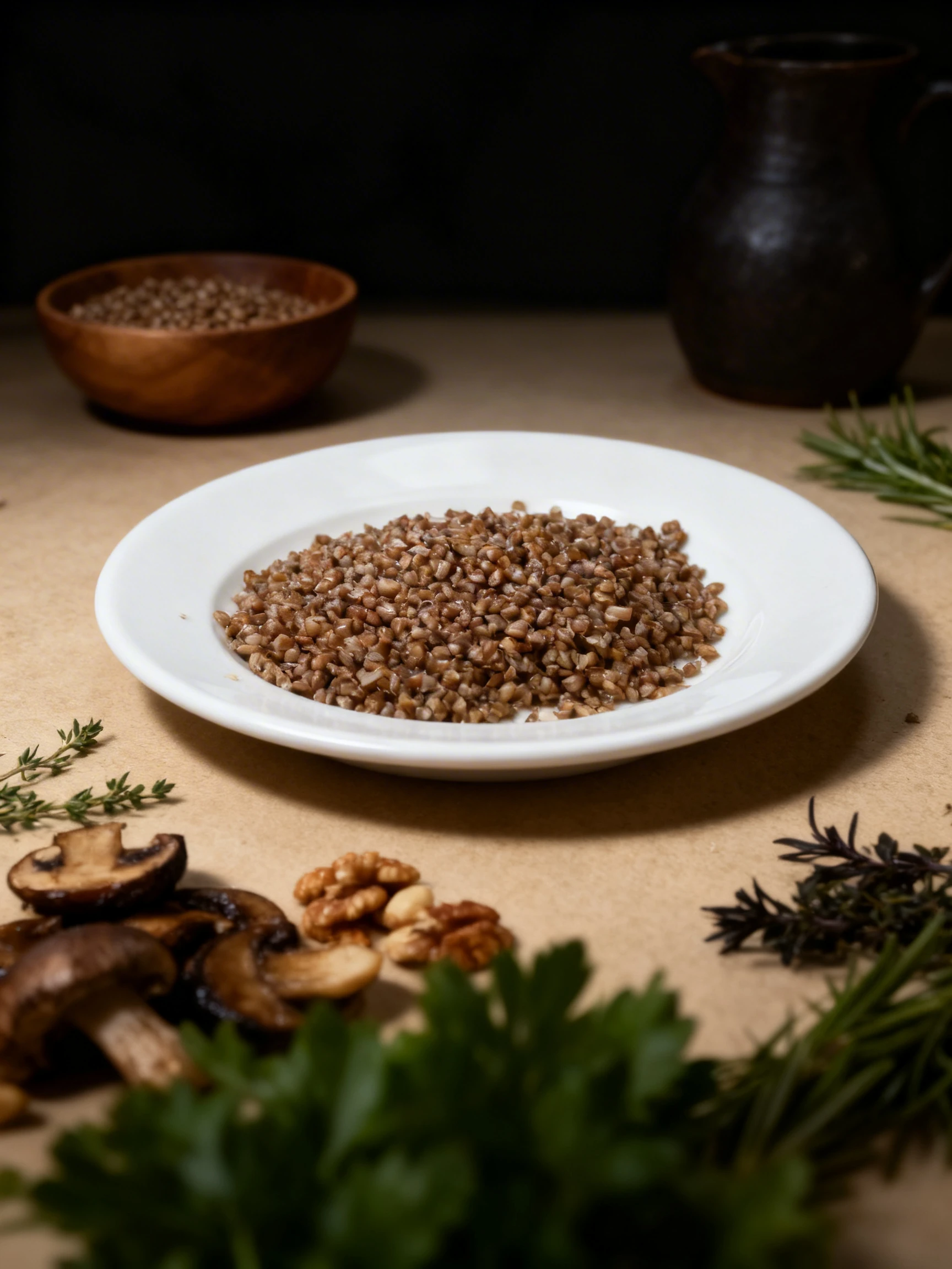 A portion of cooked buckwheat groats served on a plain white plate.