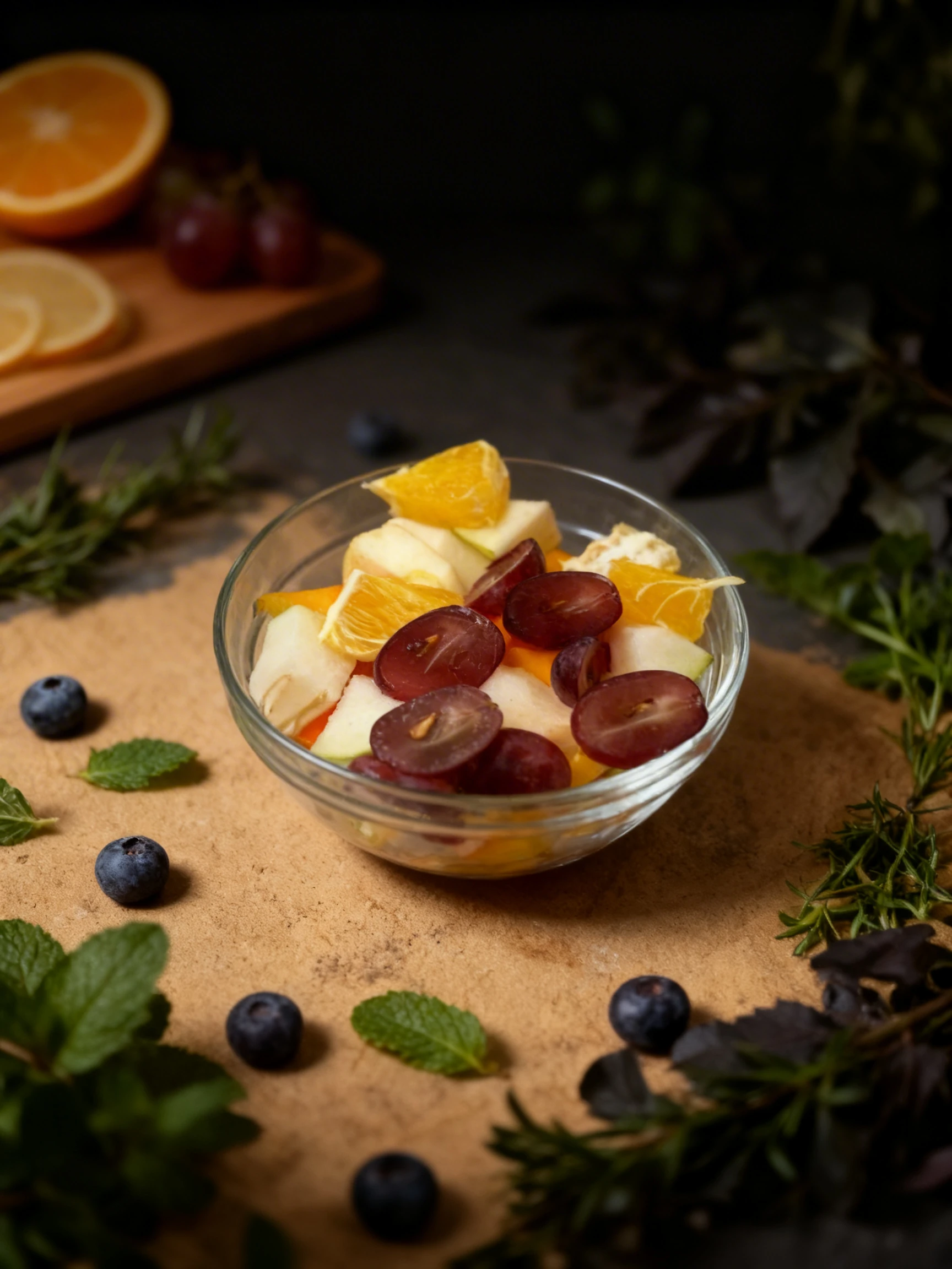 Fruit salad in a clear glass bowl containing sliced red grapes, orange segments, and chunks of peeled apple and melon.
