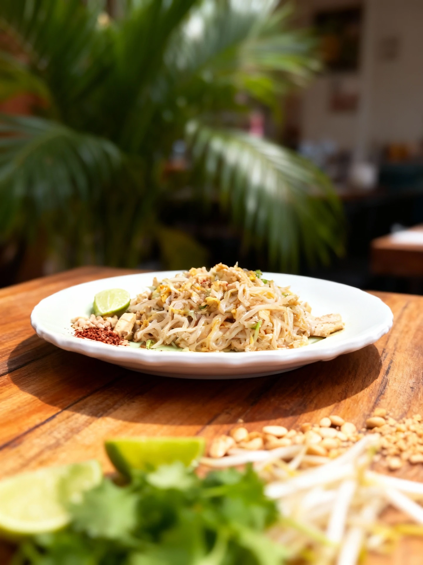 A spread of Thai dishes featuring Pad Thai noodles garnished with chili flakes and a lime wedge, a spicy seafood soup (likely Tom Yum) with shrimp, and a green