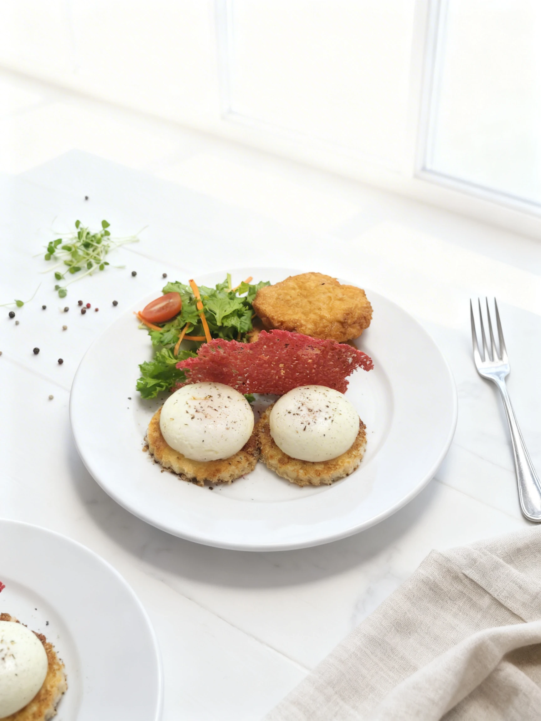 Two poached eggs seasoned with black pepper on toasted rounds, served with golden-brown fritters, a lacy red coral tuile, and a side salad.