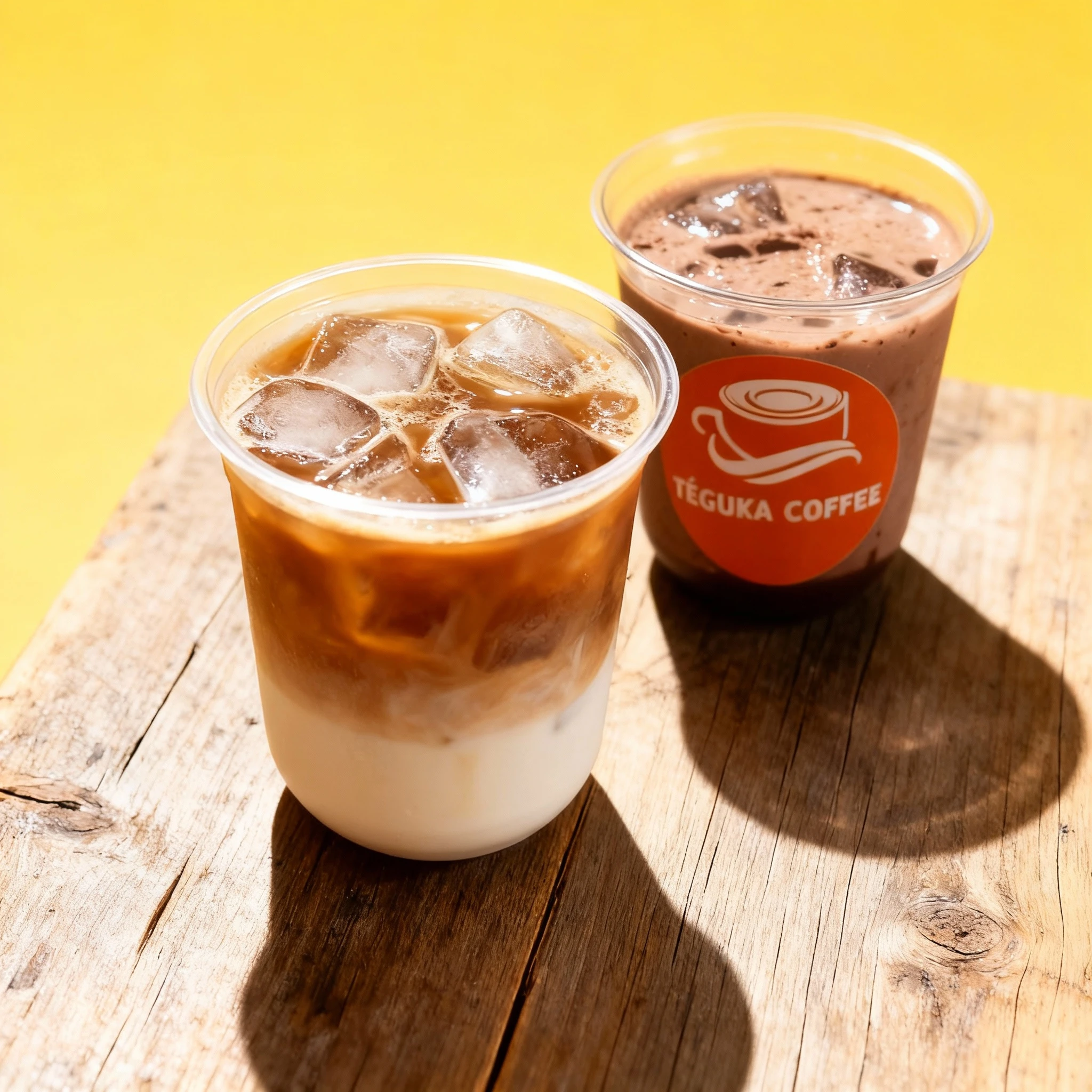 An iced coffee beverage with distinct layers and a second chocolate-based drink, both served in plastic takeaway cups with lids.