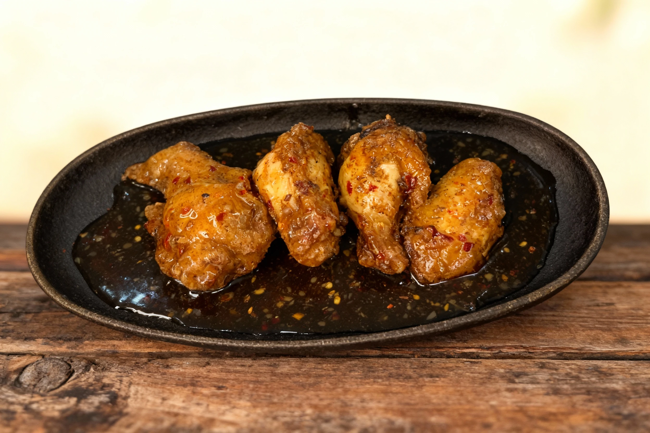 Three glazed chicken wings are presented on a black oval dish, resting in a pool of thick, glossy sauce seasoned visibly with red chili flakes.