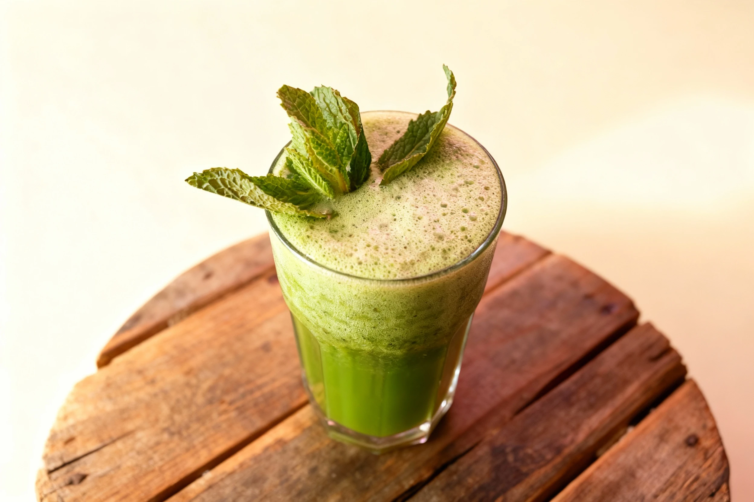 A vibrant green smoothie or juice, served in a tall glass, featuring a frothy top layer and garnished with fresh mint sprigs.