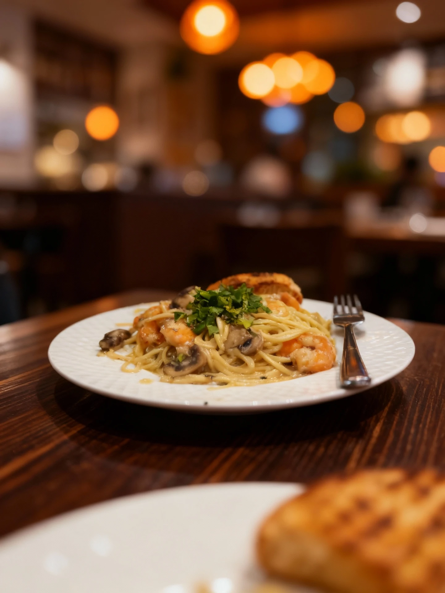 Shrimp and mushroom spaghetti served in a creamy sauce, garnished with fresh chopped herbs, and accompanied by a piece of grilled or toasted bread.