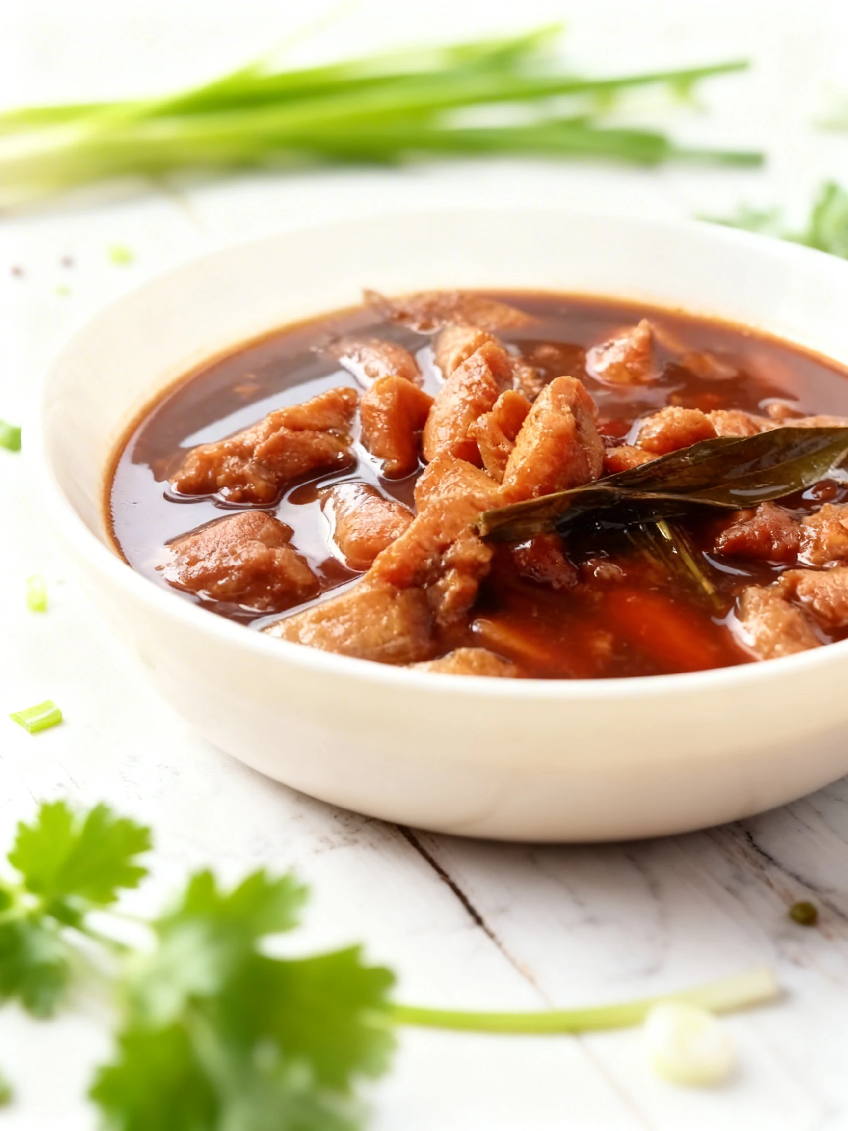 A stew featuring pieces of chicken or pork simmered in a dark, glossy savory sauce with aromatics.