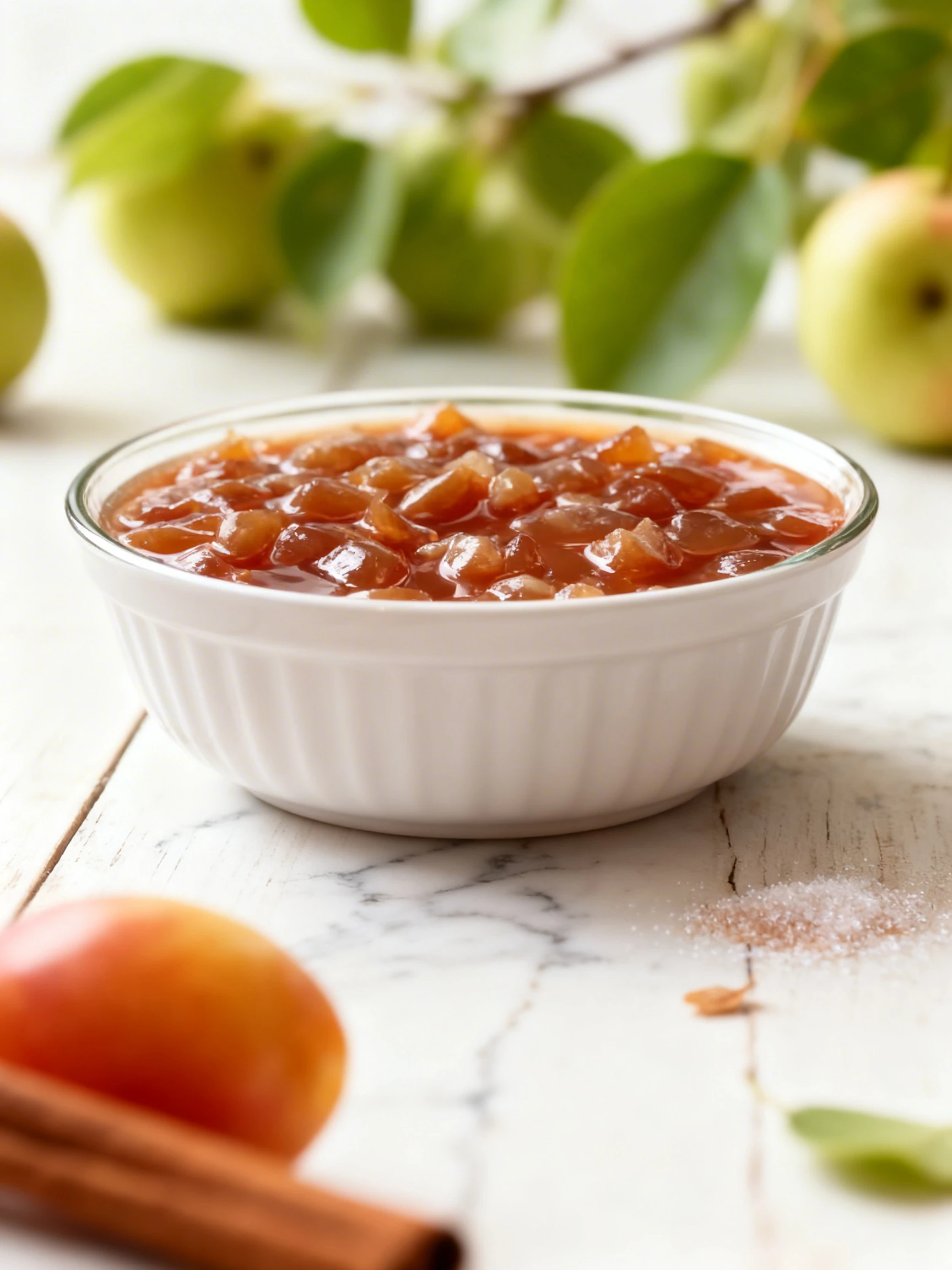 A close-up of a fruit preserve or compote featuring translucent pieces of fruit in a thick, reddish-brown syrup.