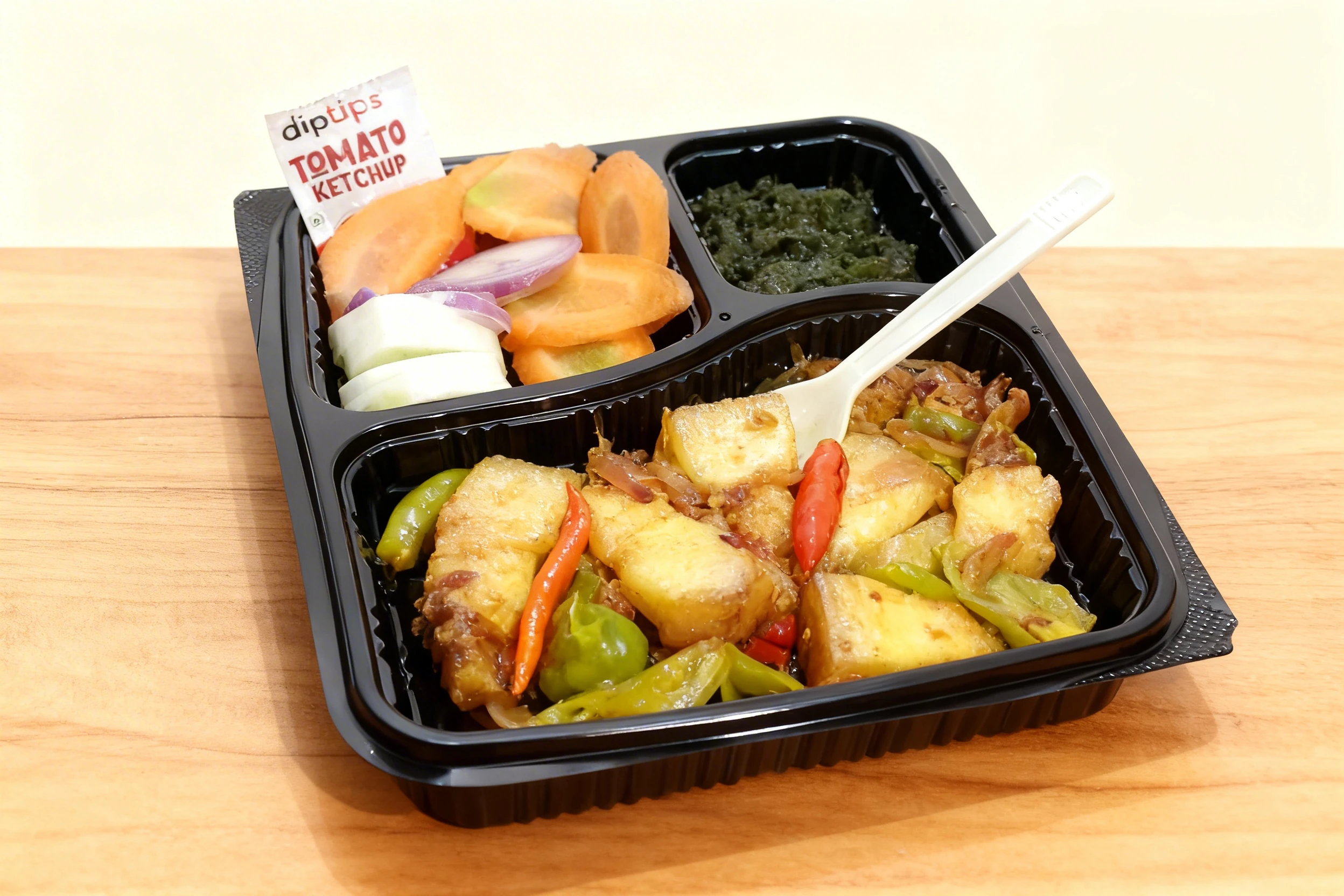 A partitioned takeaway tray featuring stir-fried potatoes with peppers and onions, a side of green chutney, and a fresh salad of sliced carrots, cucumbers, and