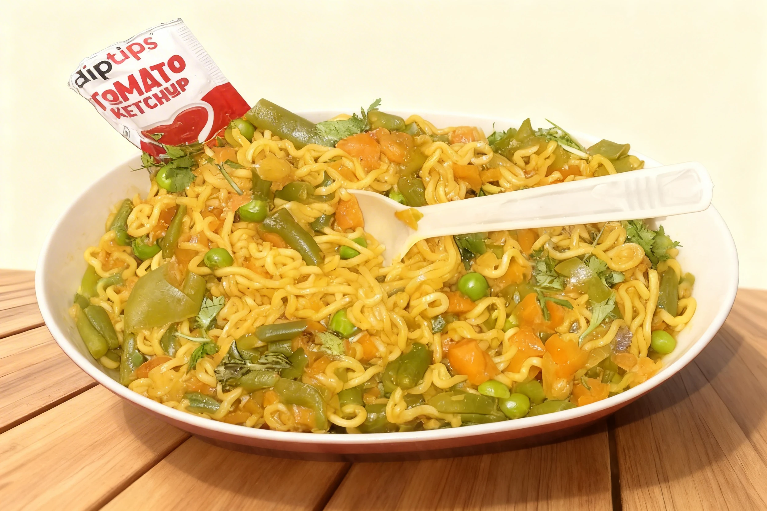 Vegetable noodles with green beans, peas, and carrots garnished with fresh cilantro.
