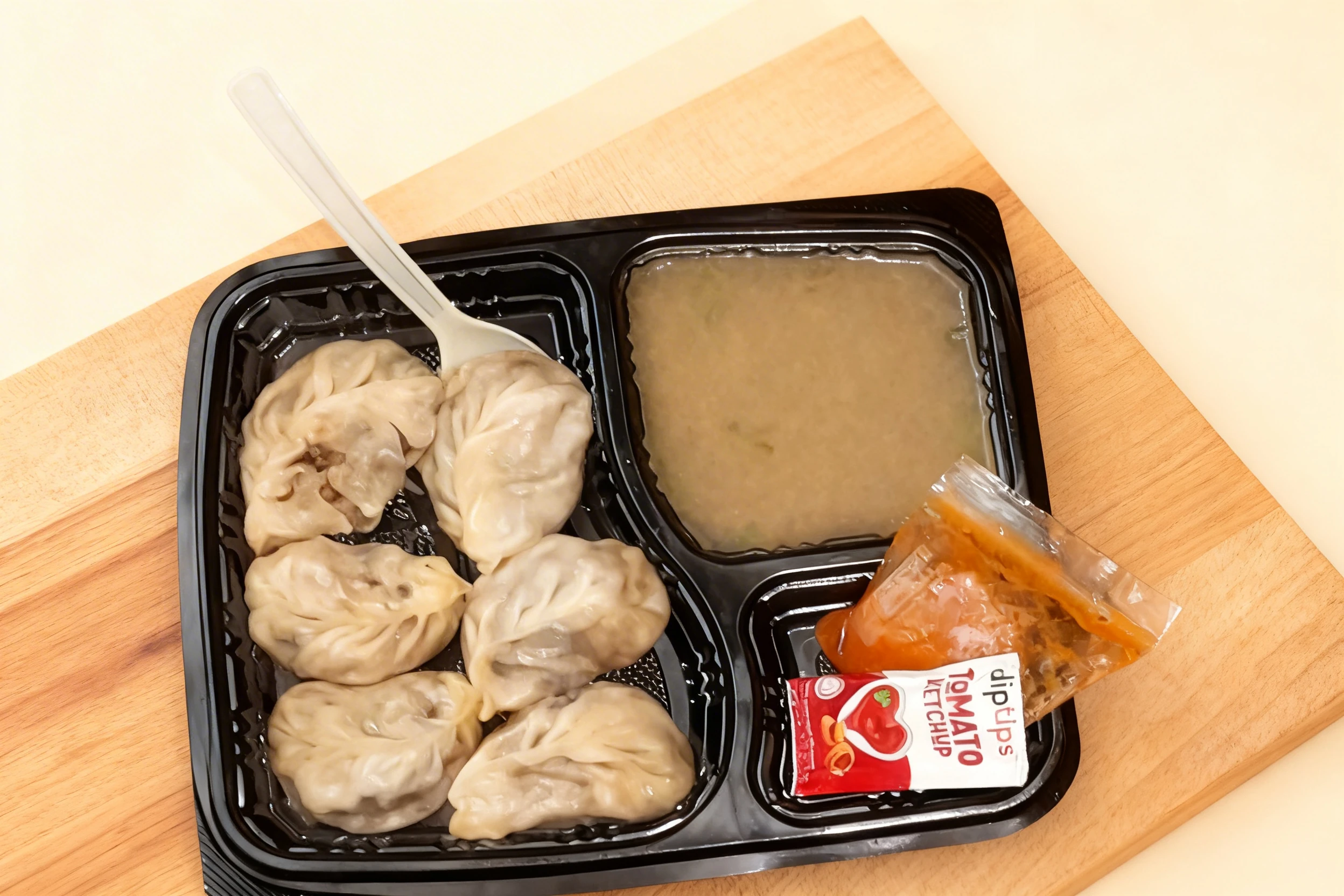 Six steamed dumplings served with a side of savory broth, orange dipping sauce, and a packet of tomato ketchup.
