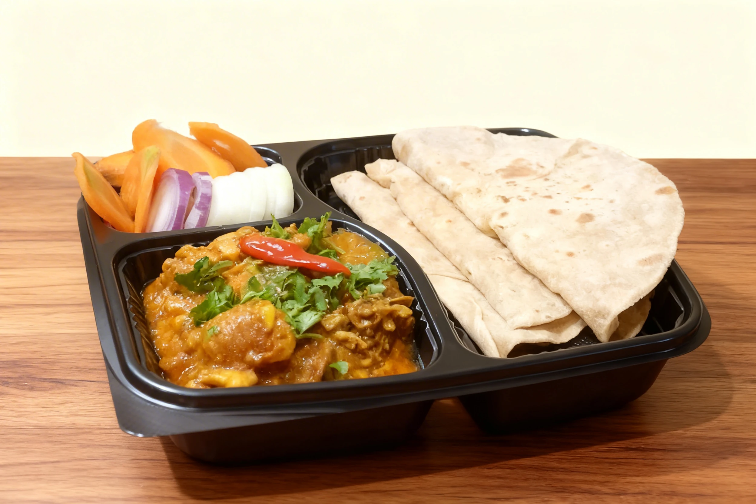 Indian meal featuring chicken curry garnished with fresh cilantro and a red chili, served with folded rotis and a side salad of sliced carrots, red onion, and r