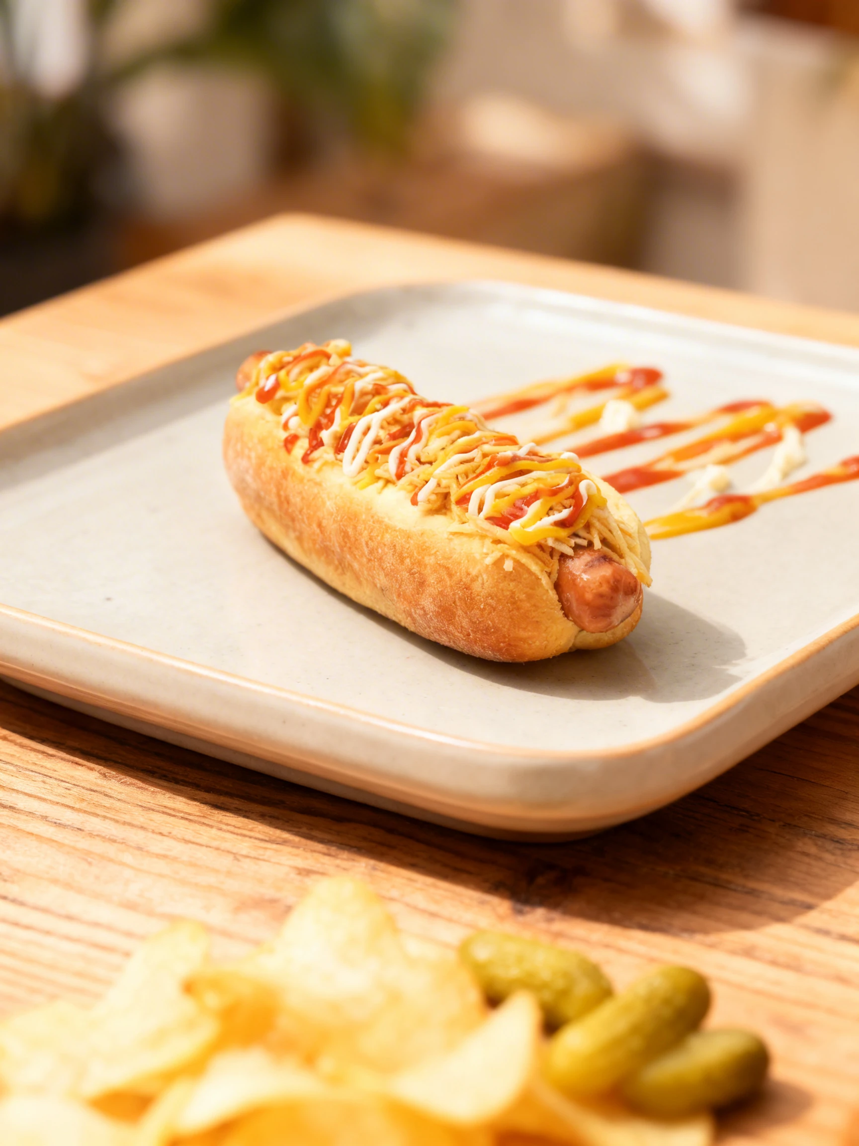 A hot dog in a toasted bun topped with matchstick potatoes and a zigzag drizzle of ketchup, mustard, and mayonnaise.