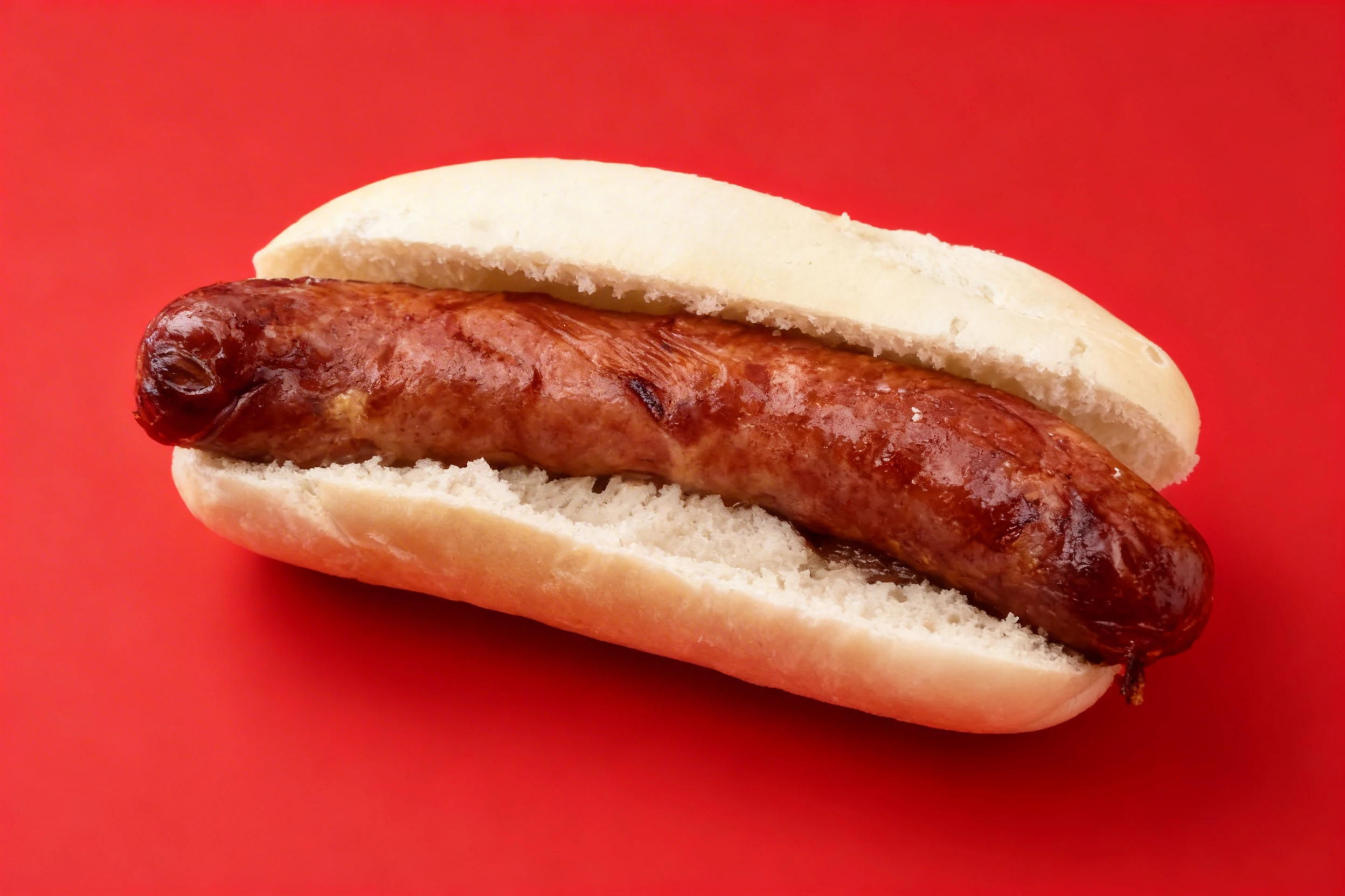 A large grilled smoked sausage served inside a plain white bread roll.