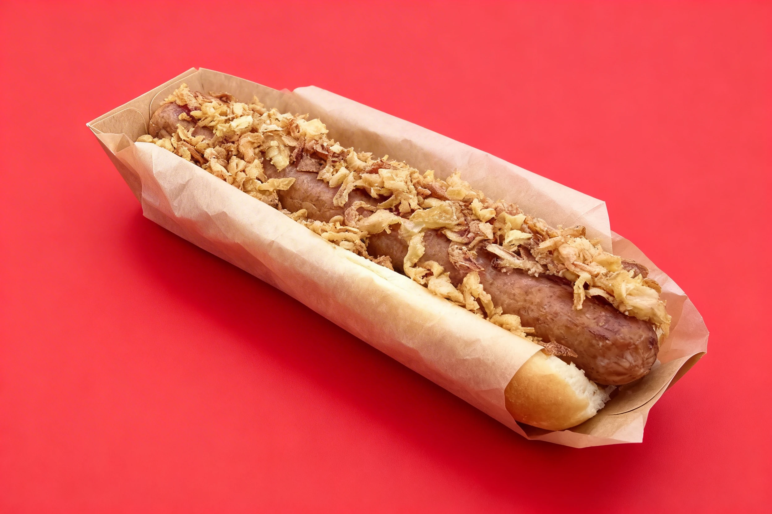 A long sausage in a bun topped with a generous layer of crispy fried onions.