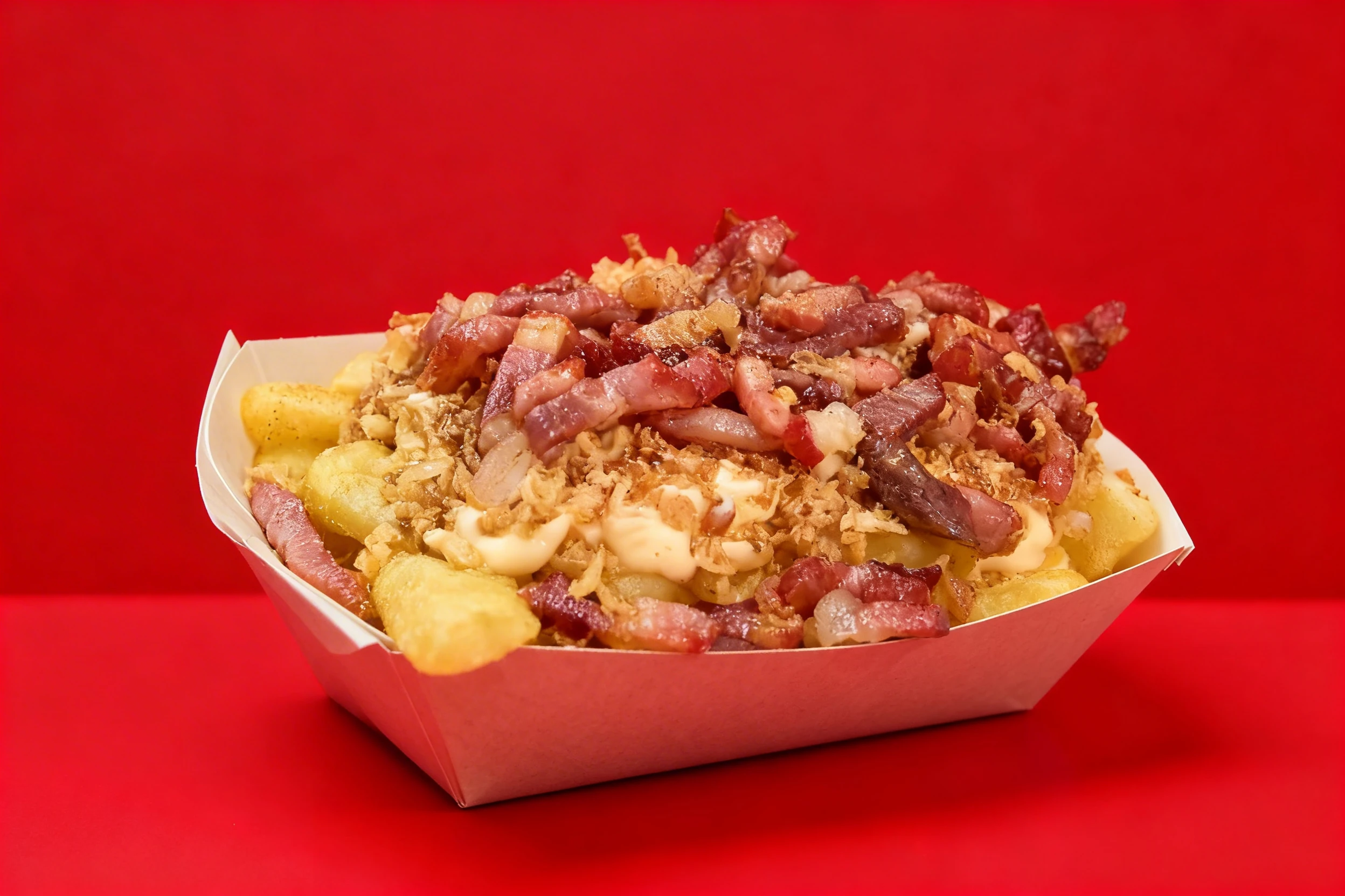 Loaded fries topped with crispy bacon lardons, fried onions, and a creamy sauce.