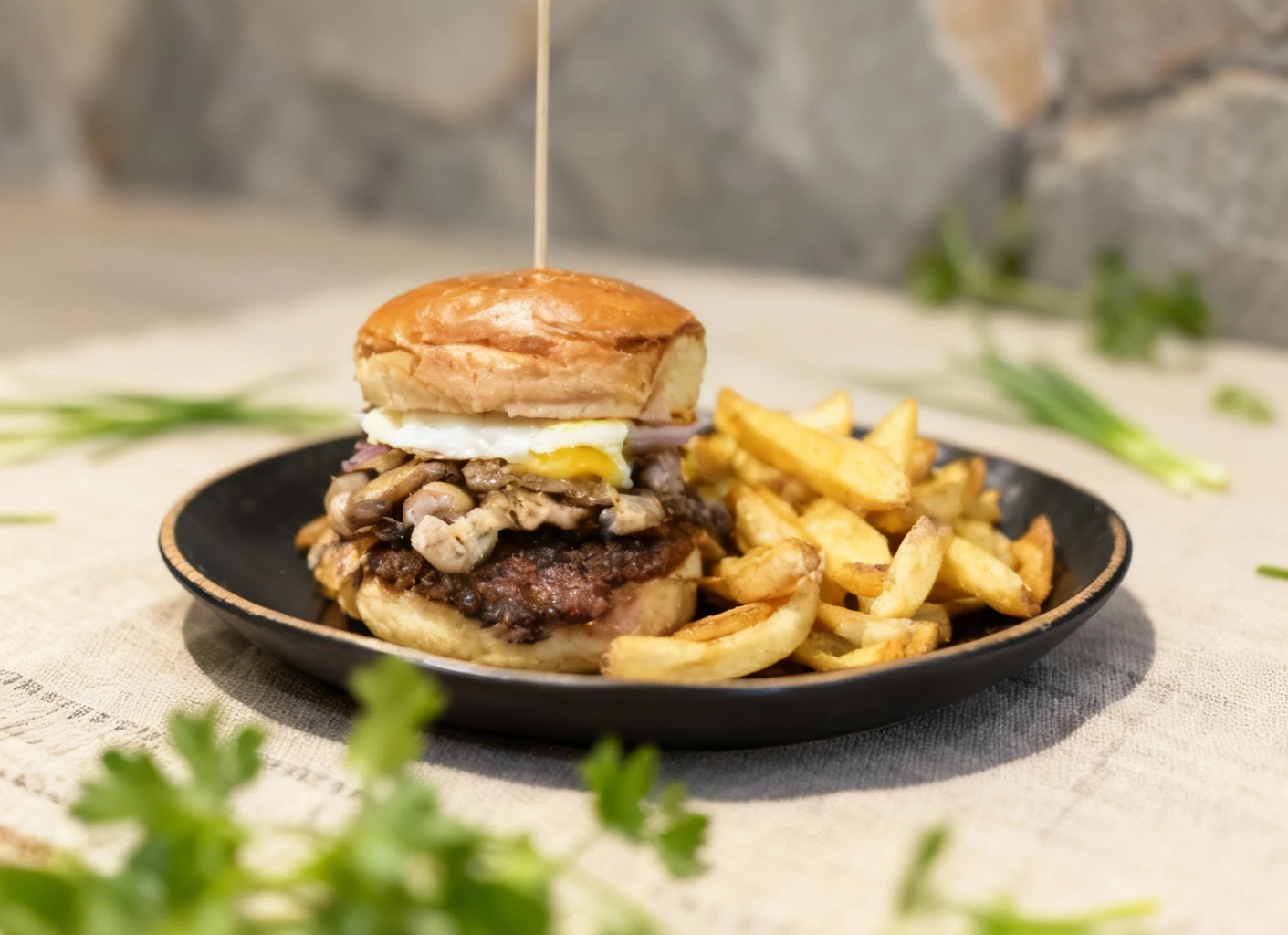 A gourmet burger, held together by a metal skewer, featuring a beef patty heavily topped with sautéed mushrooms and onions on a glossy bun, served alongside a p