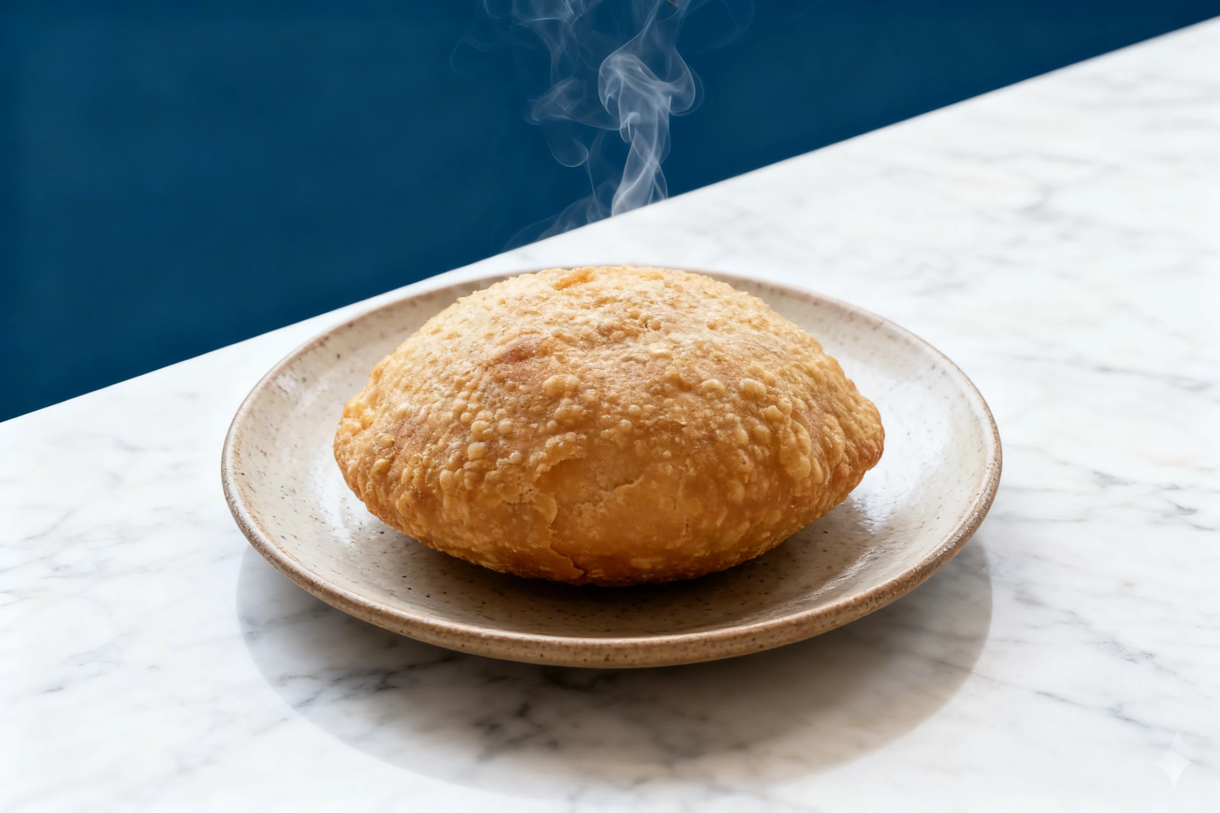 A steaming, deep-fried puffed bread known as Puri or Bhatura served alone on a ceramic plate.