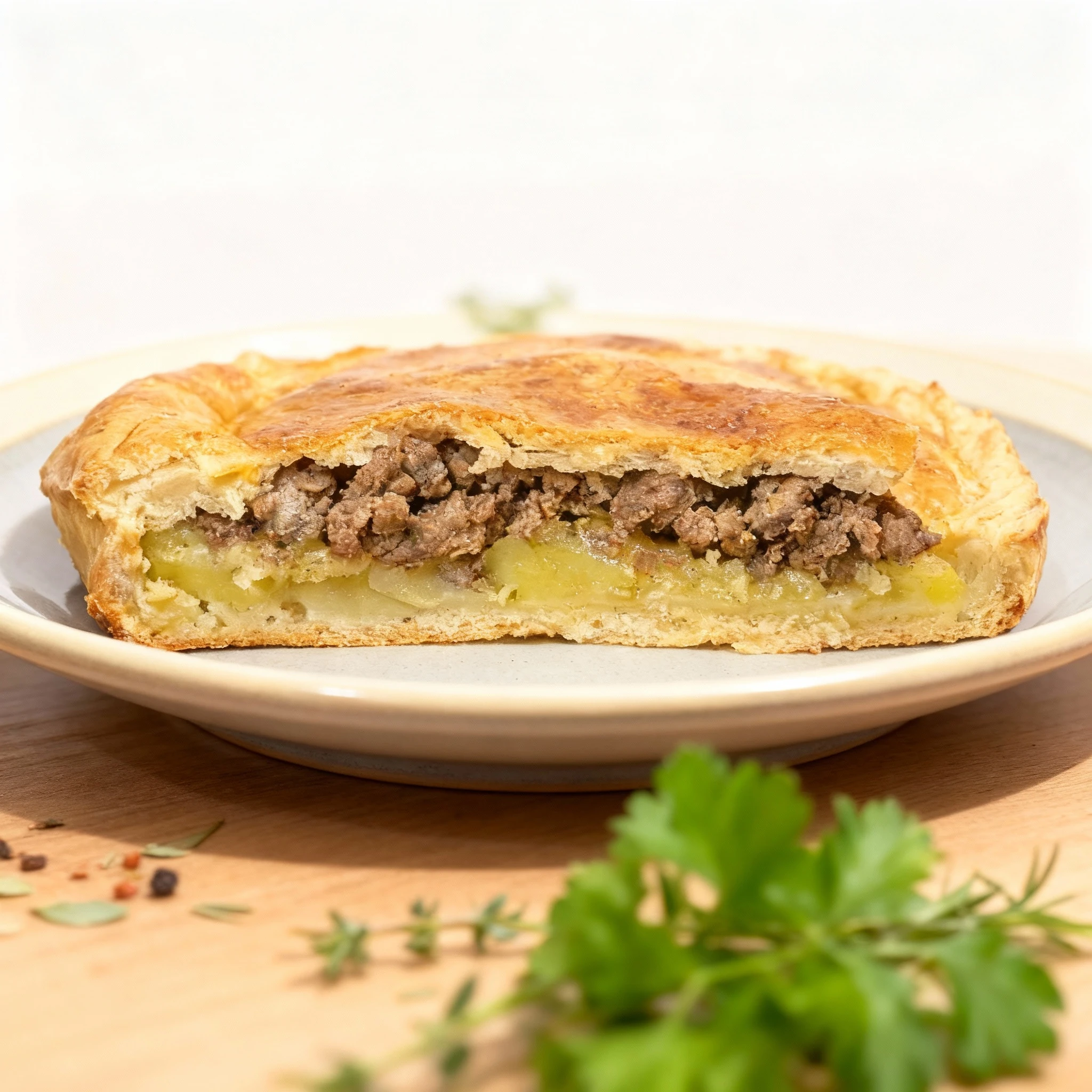 A golden-brown savory meat pie filled with seasoned ground beef and a layer of sliced potatoes. A large wedge is cut and placed on top of the whole pie to show
