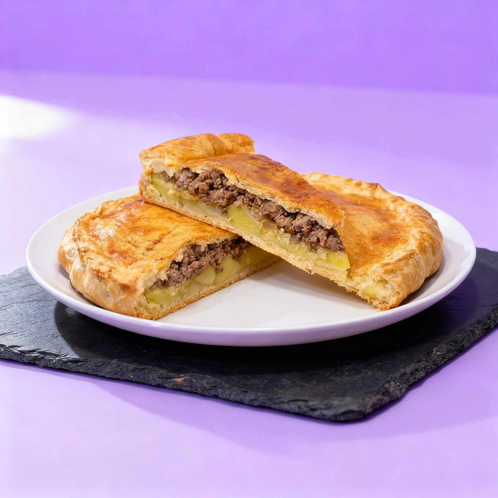 A whole savory meat pie and a cross-section slice filled with seasoned ground beef and sliced potatoes within a golden-brown pastry crust.