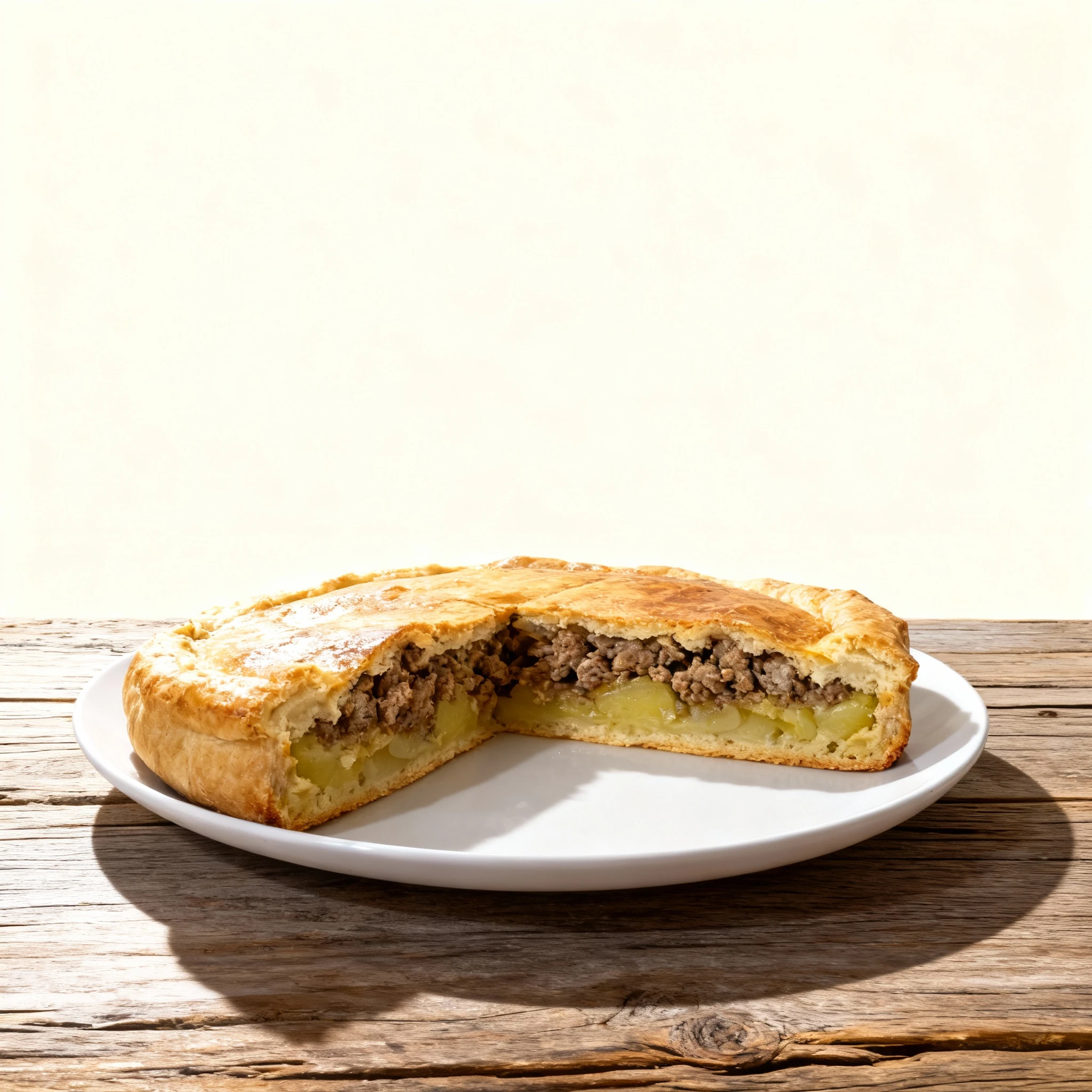 A large meat and potato pie with a golden-brown pastry crust, shown with one slice removed to reveal the minced meat and sliced potato filling.