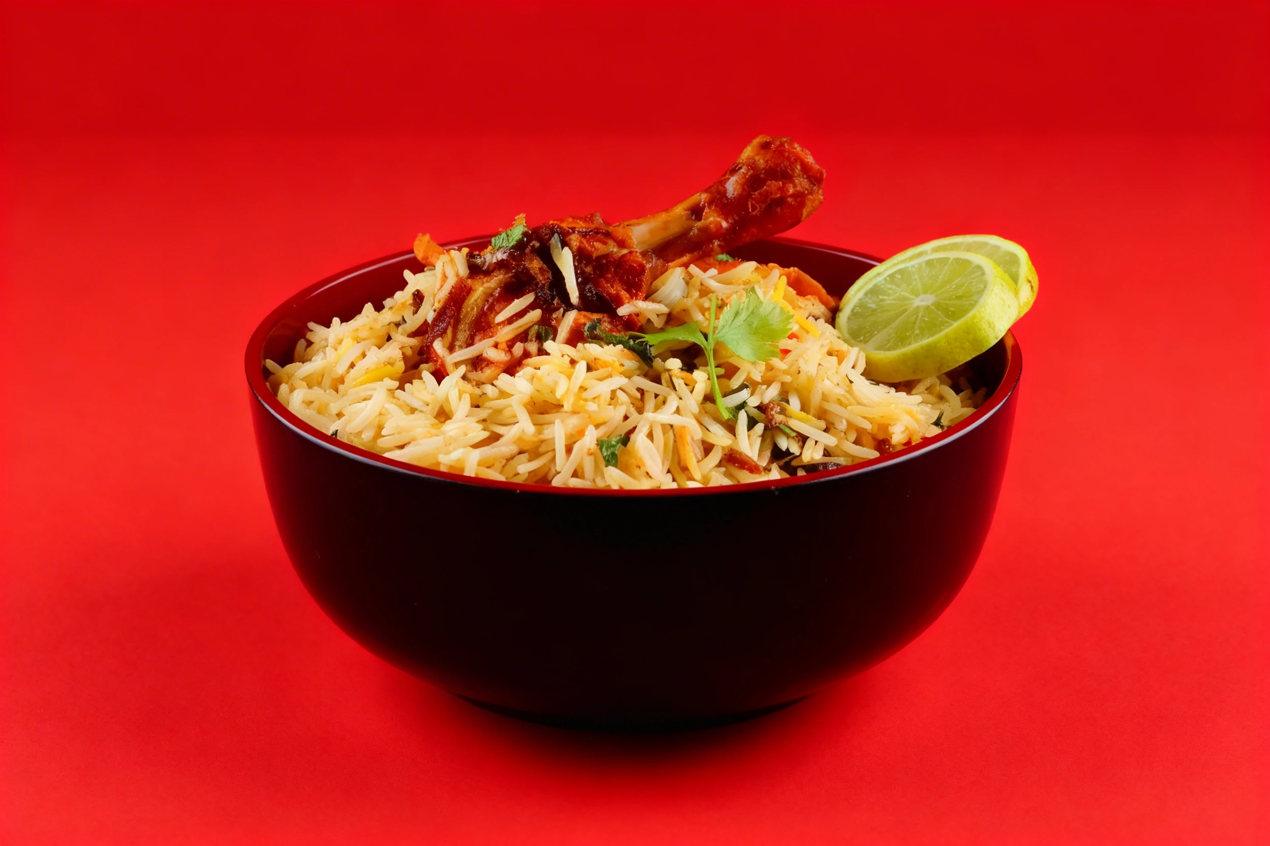 Chicken biryani featuring long-grain basmati rice and a roasted chicken leg, garnished with lime slices, fresh cilantro, and fried onions.
