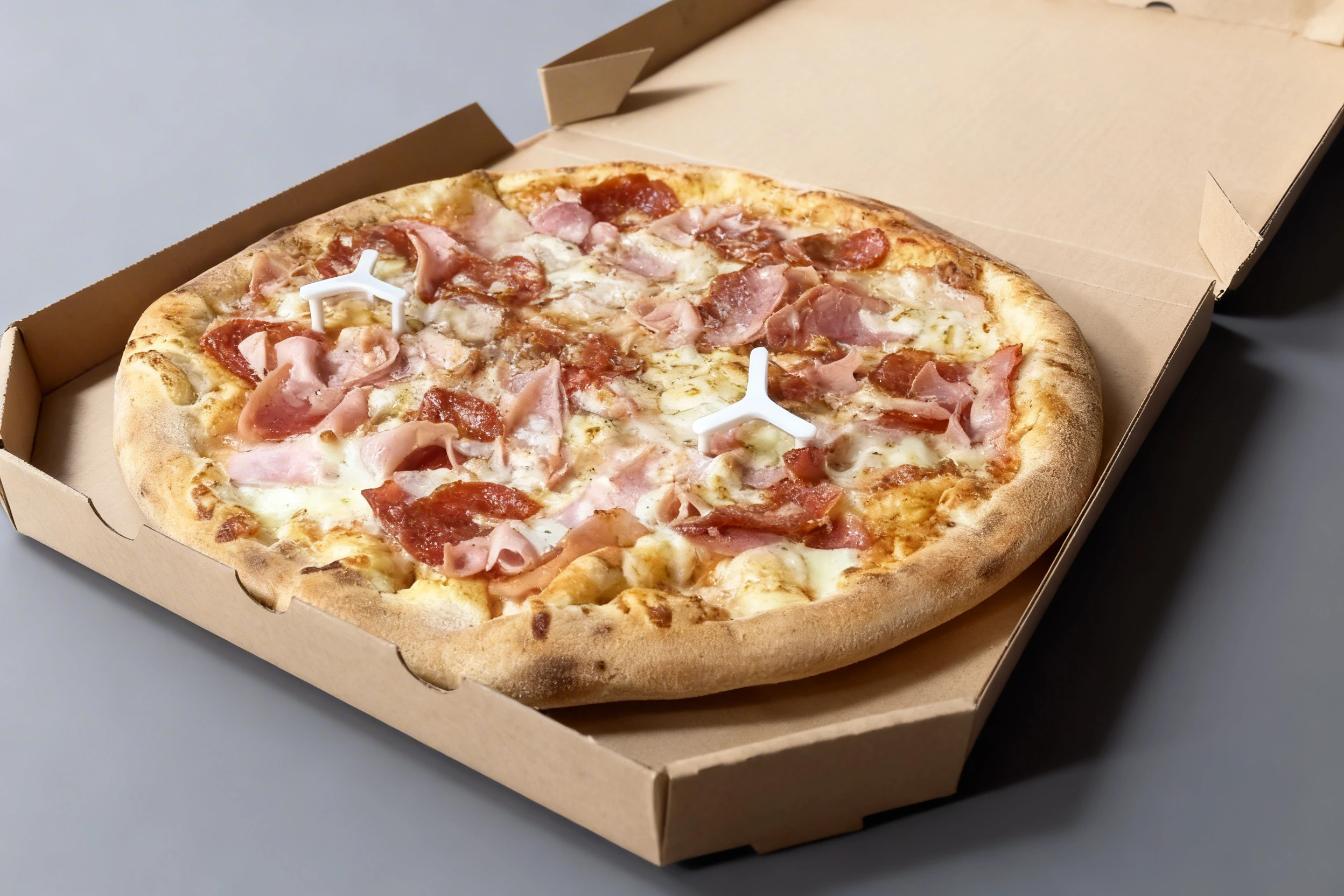 A whole meat lover's pizza with melted mozzarella, pepperoni slices, and shaved ham sitting in a cardboard delivery box.