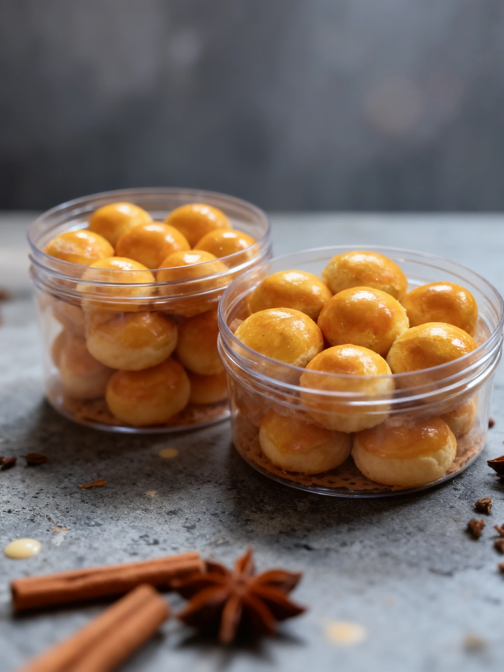 Nastar or pineapple tart cookies with a glossy egg-wash glaze arranged in clear plastic containers.