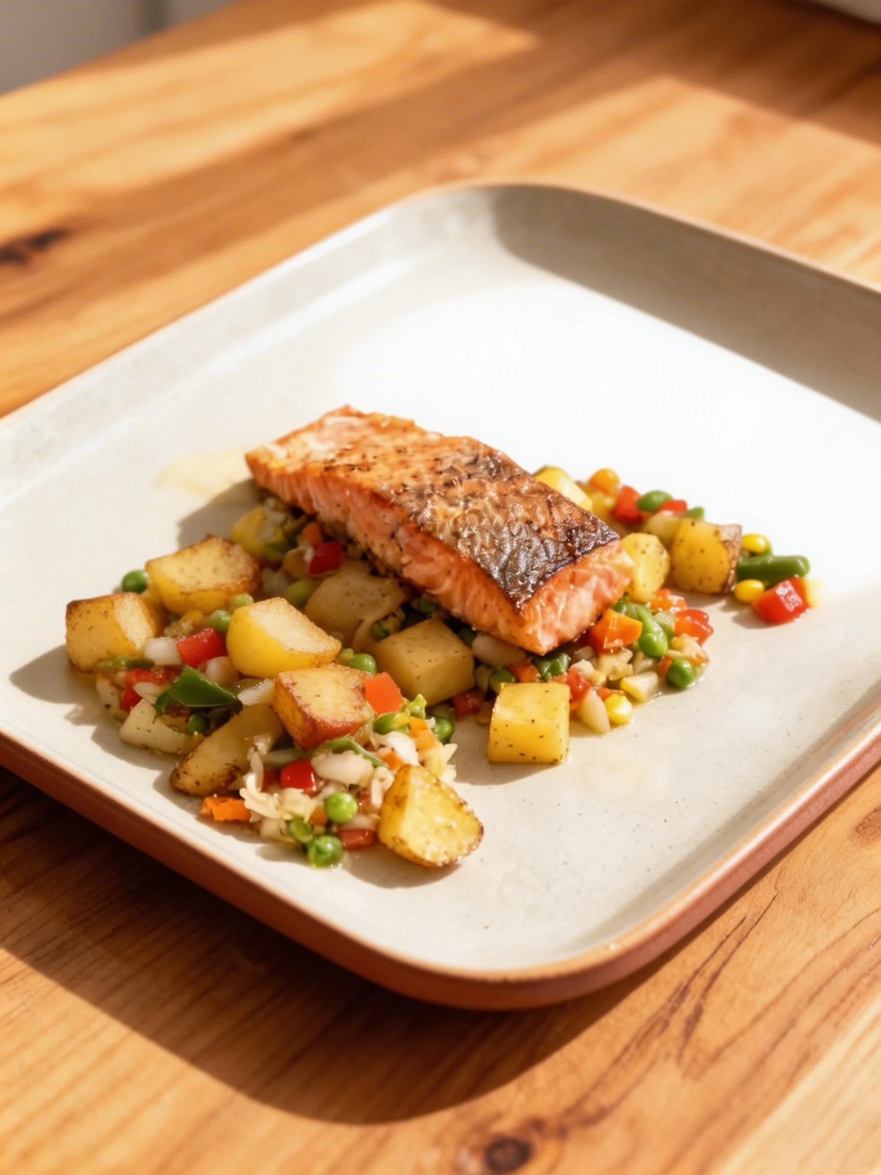 Three meal prep containers each featuring a seasoned roasted salmon fillet, cubed roasted potatoes, and a mixed vegetable medley of corn, peas, and carrots.