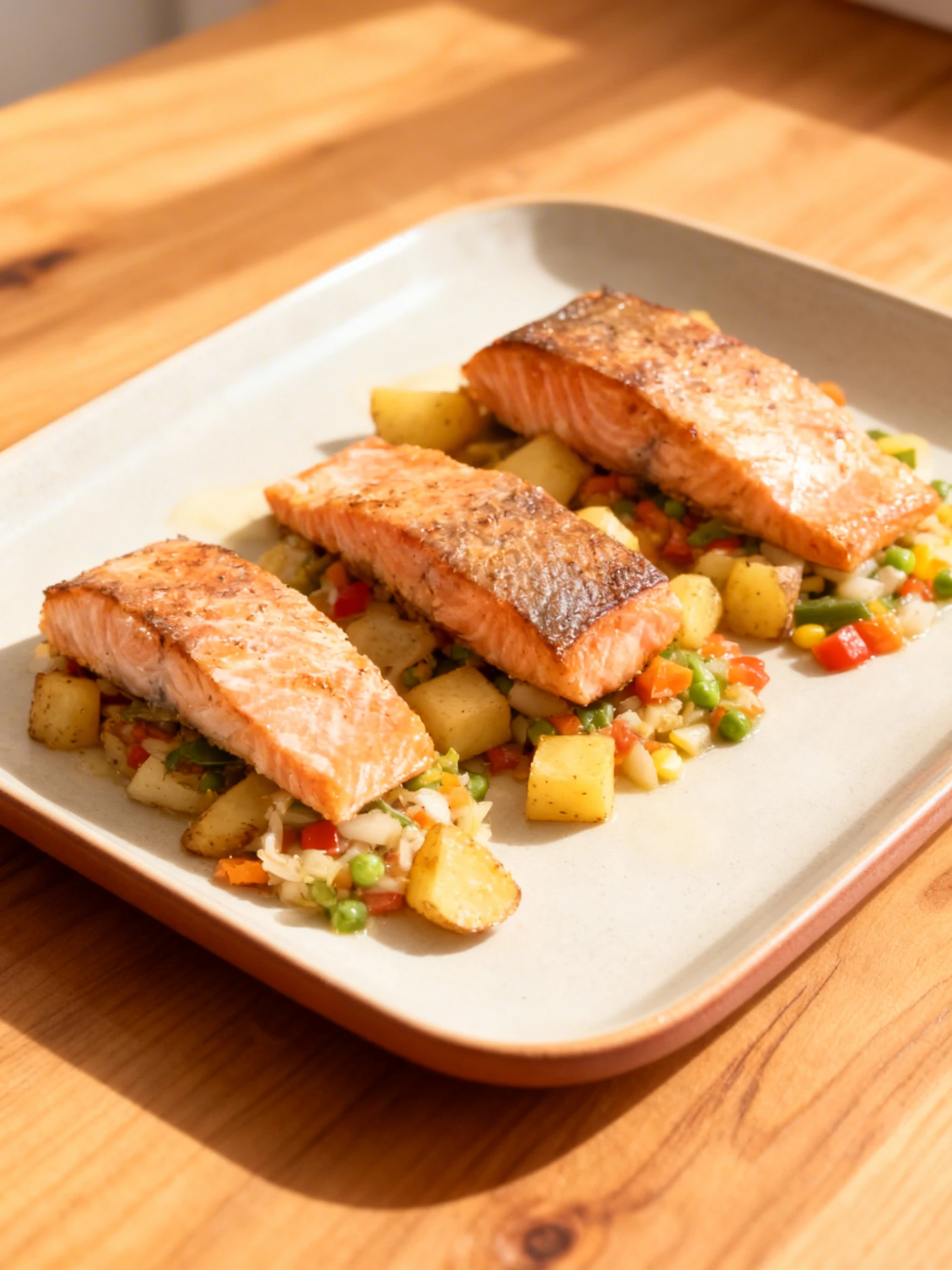 Three meal prep containers each featuring a seasoned roasted salmon fillet, cubed roasted potatoes, and a mixed vegetable medley of corn, peas, and carrots.