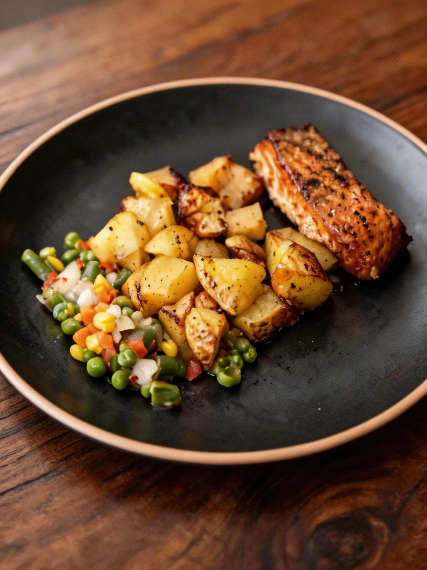 A seasoned salmon fillet served with roasted cubed potatoes and a side of mixed vegetables including peas, corn, and carrots.