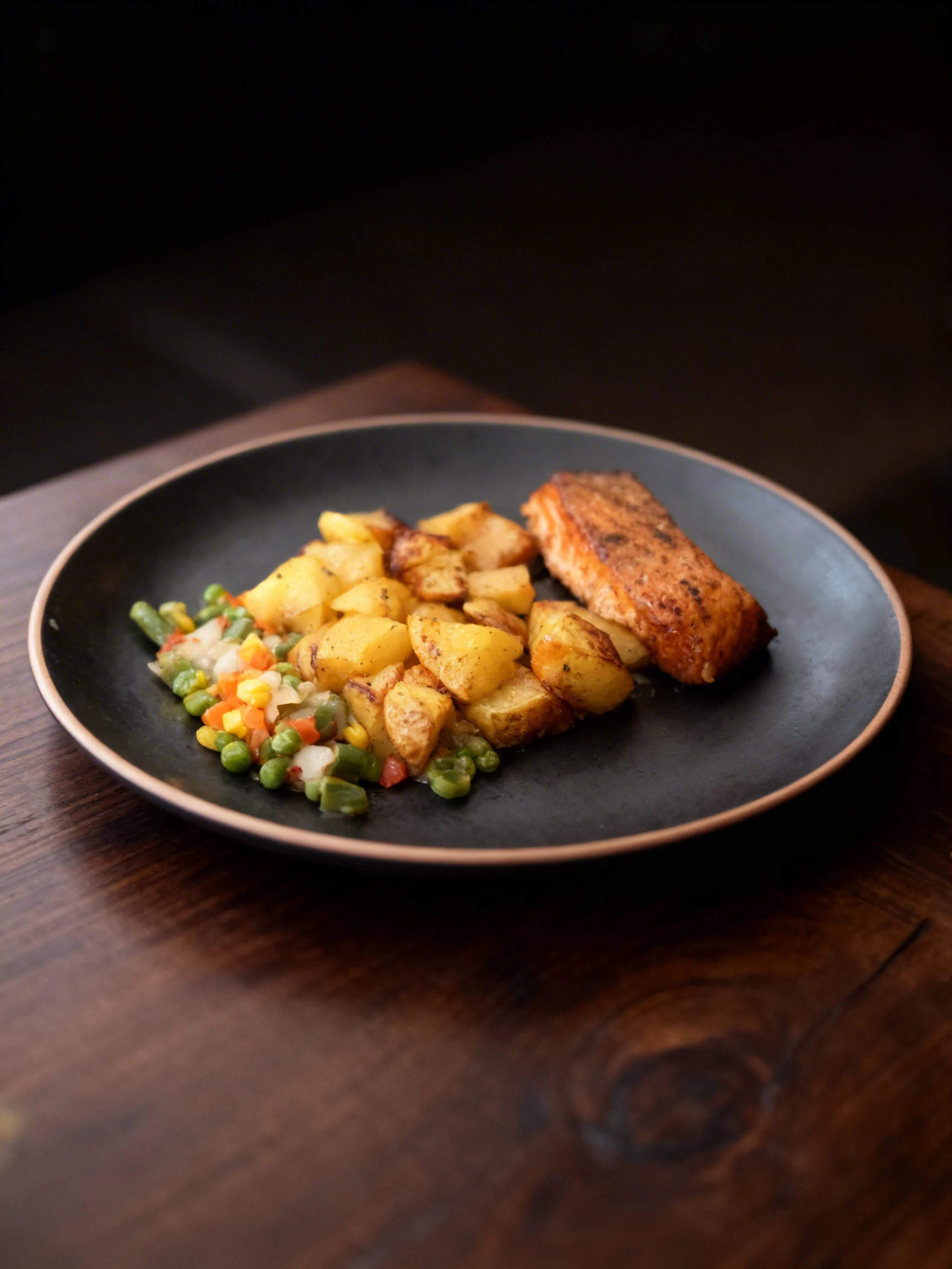 A seasoned salmon fillet served with roasted cubed potatoes and a side of mixed vegetables including peas, corn, and carrots.