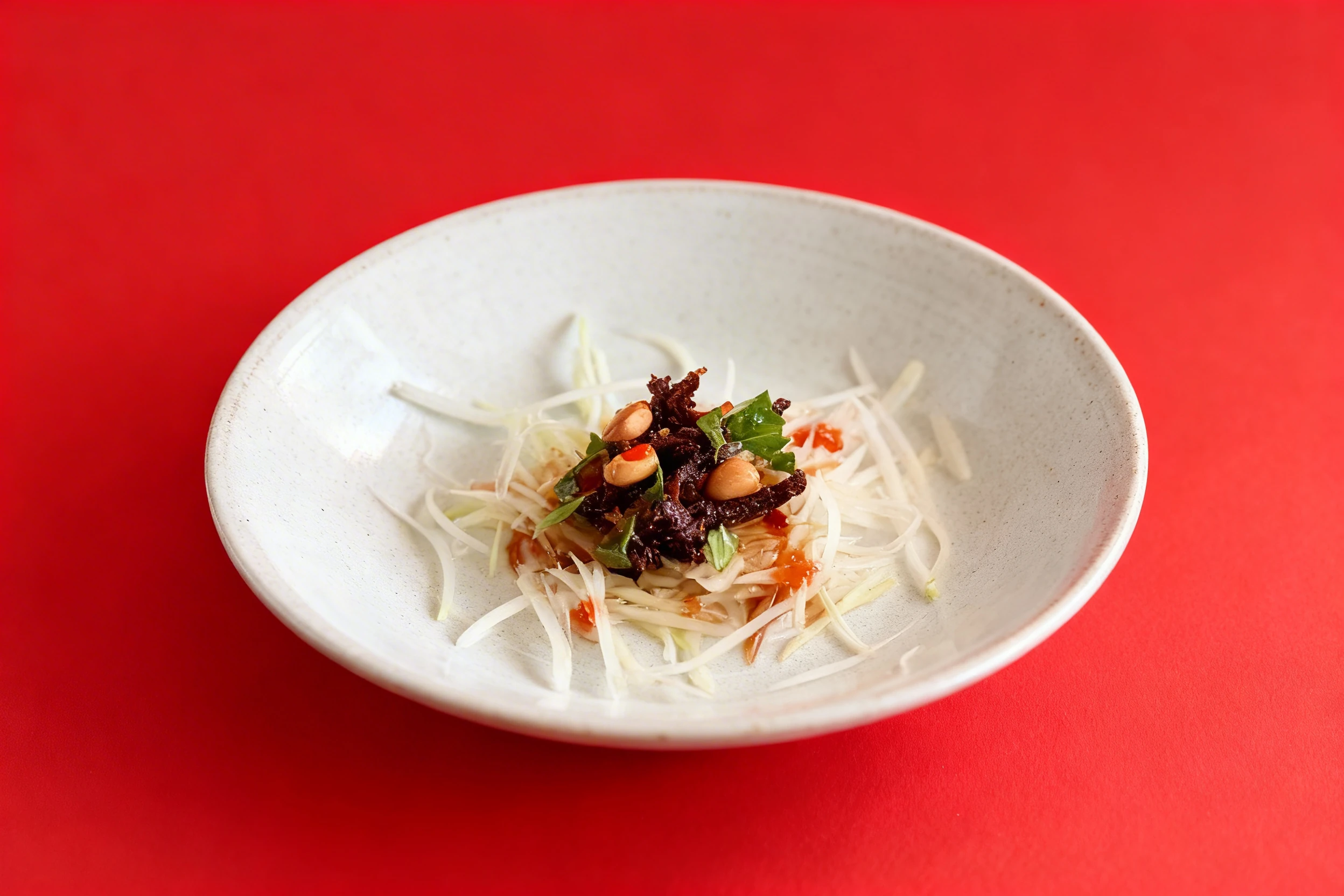 A small serving of green papaya salad topped with dark beef jerky, whole peanuts, fresh herbs, and chili sauce.