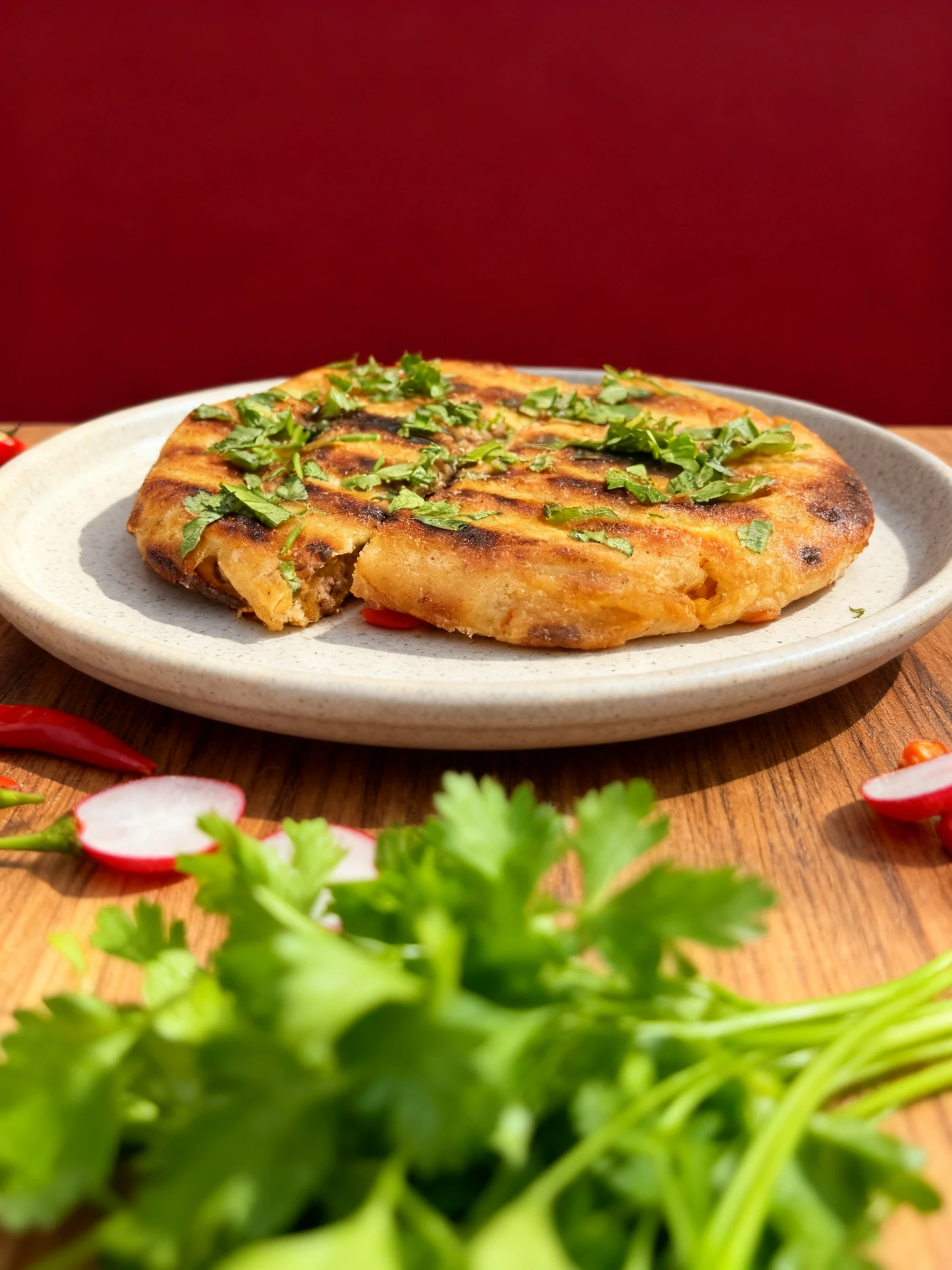 Grilled Arayes featuring charred pita bread stuffed with minced meat and topped with fresh chopped parsley.