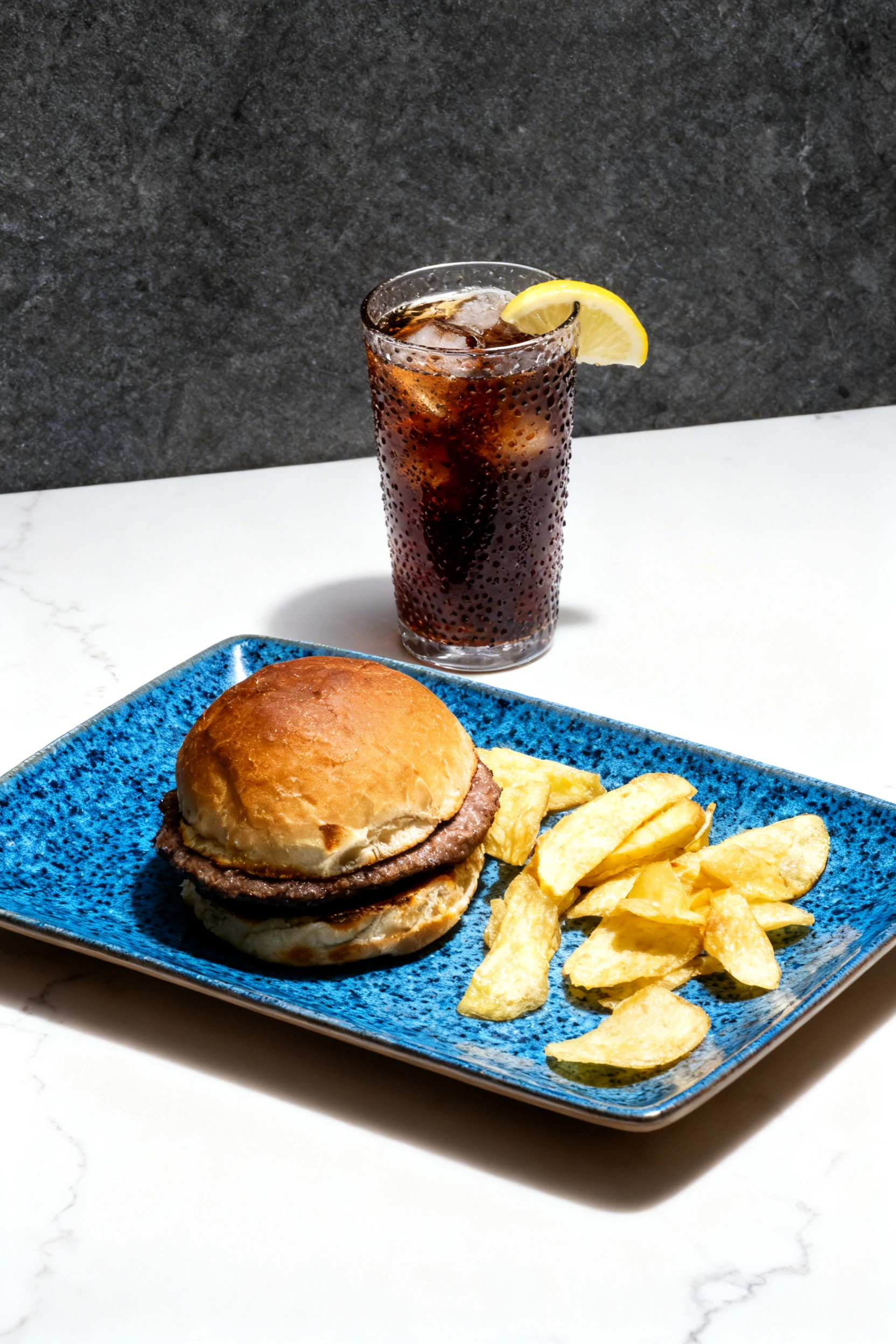 A beef burger on a toasted bun served with a large portion of thick-cut potato chips and a can of Coca-Cola.