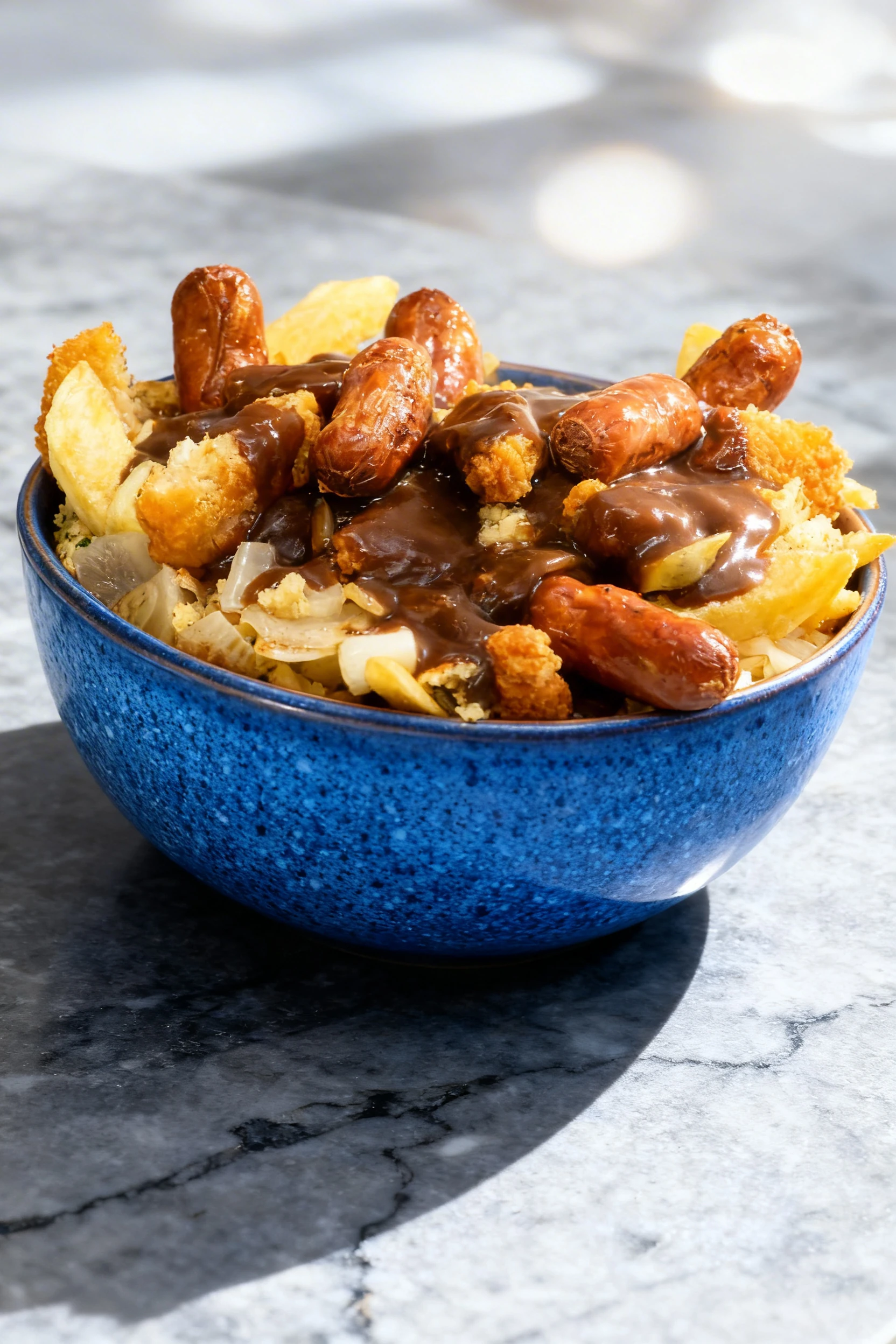 A loaded fries bowl featuring thick-cut chips, cocktail sausages, and breaded chicken pieces topped with a thick brown gravy.
