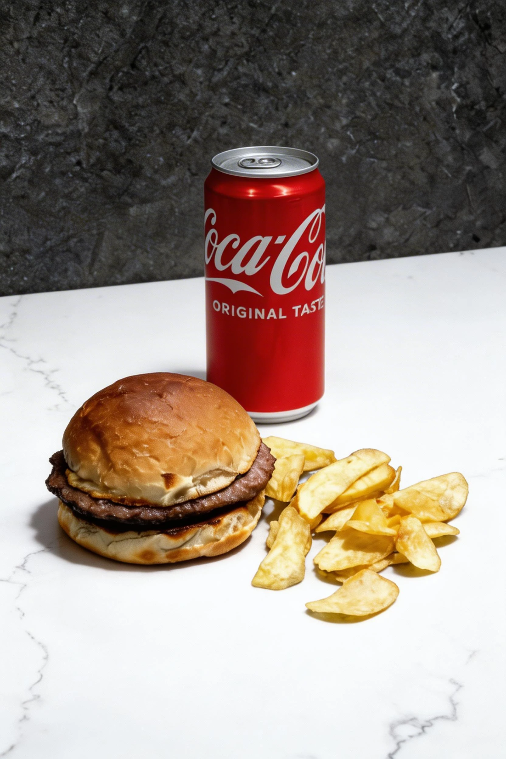 A beef burger on a toasted bun served with a large portion of thick-cut potato chips and a can of Coca-Cola.