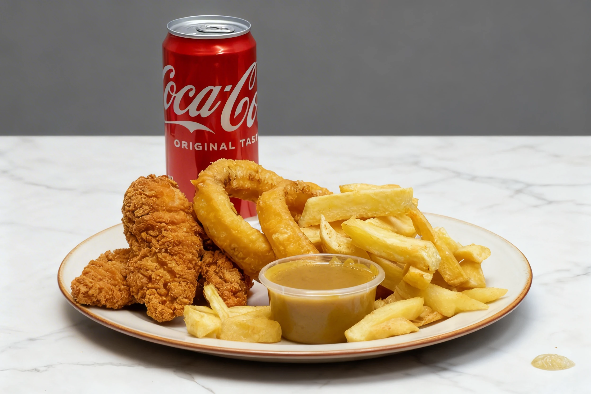 A meal featuring fried chicken tenders, battered onion rings, and a large portion of thick-cut fries served with a plastic container of curry sauce and a can of