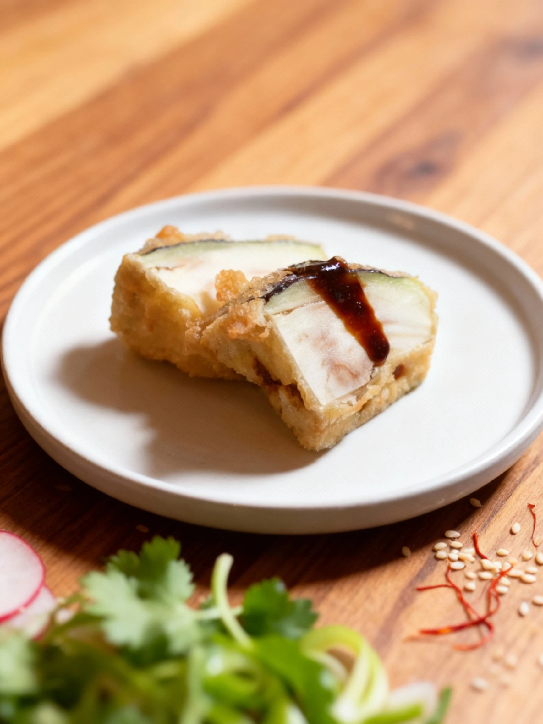 A close-up of a deep-fried preparation, possibly eggplant or zucchini tempura wrapped around a dense white filling (such as tofu or fish), cut in half and toppe