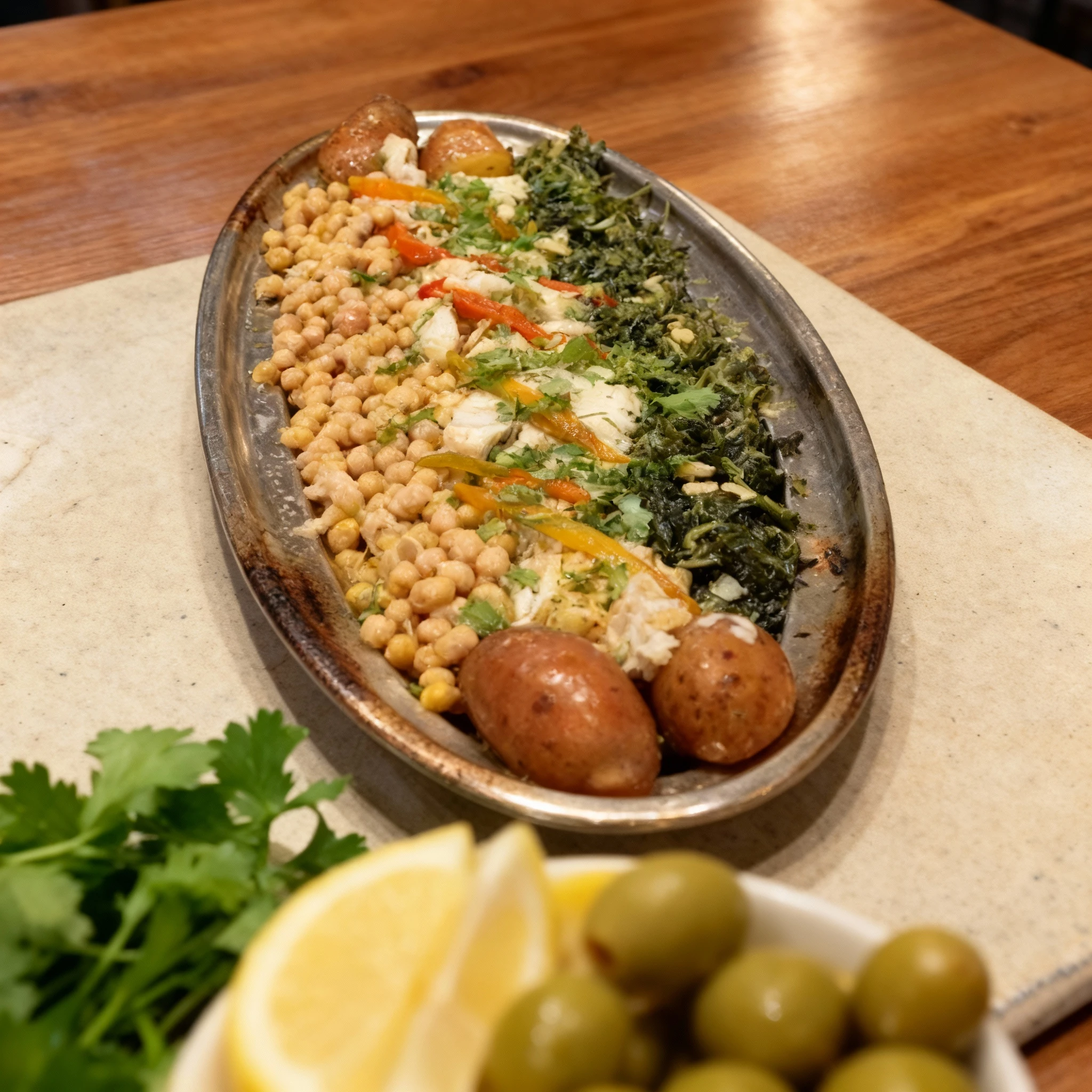 A large platter featuring flaked white fish (likely cod/bacalhau) centered between large portions of whole chickpeas and dark cooked leafy greens. The dish is a