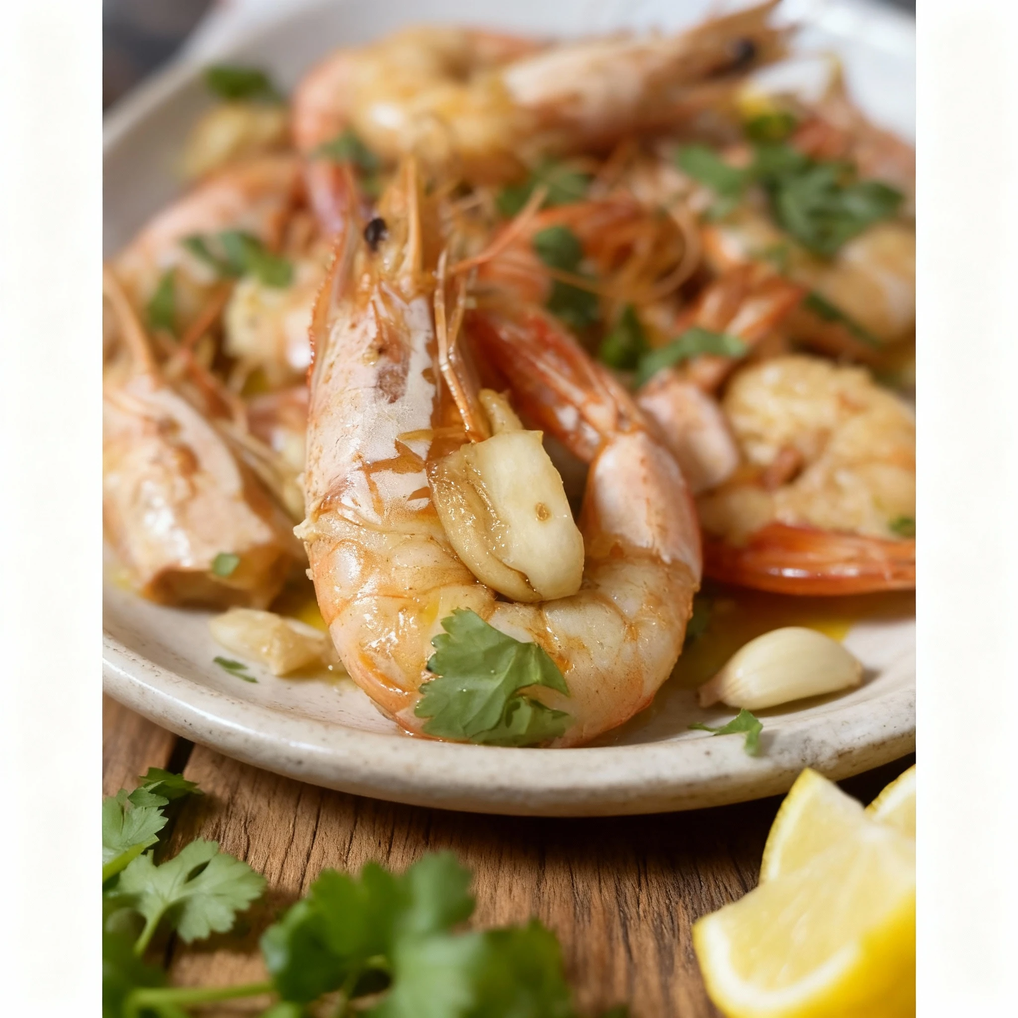 A close-up of whole, shell-on prawns or large shrimp cooked in a buttery or oily sauce, featuring visible slices of sautéed garlic and garnished heavily with fr