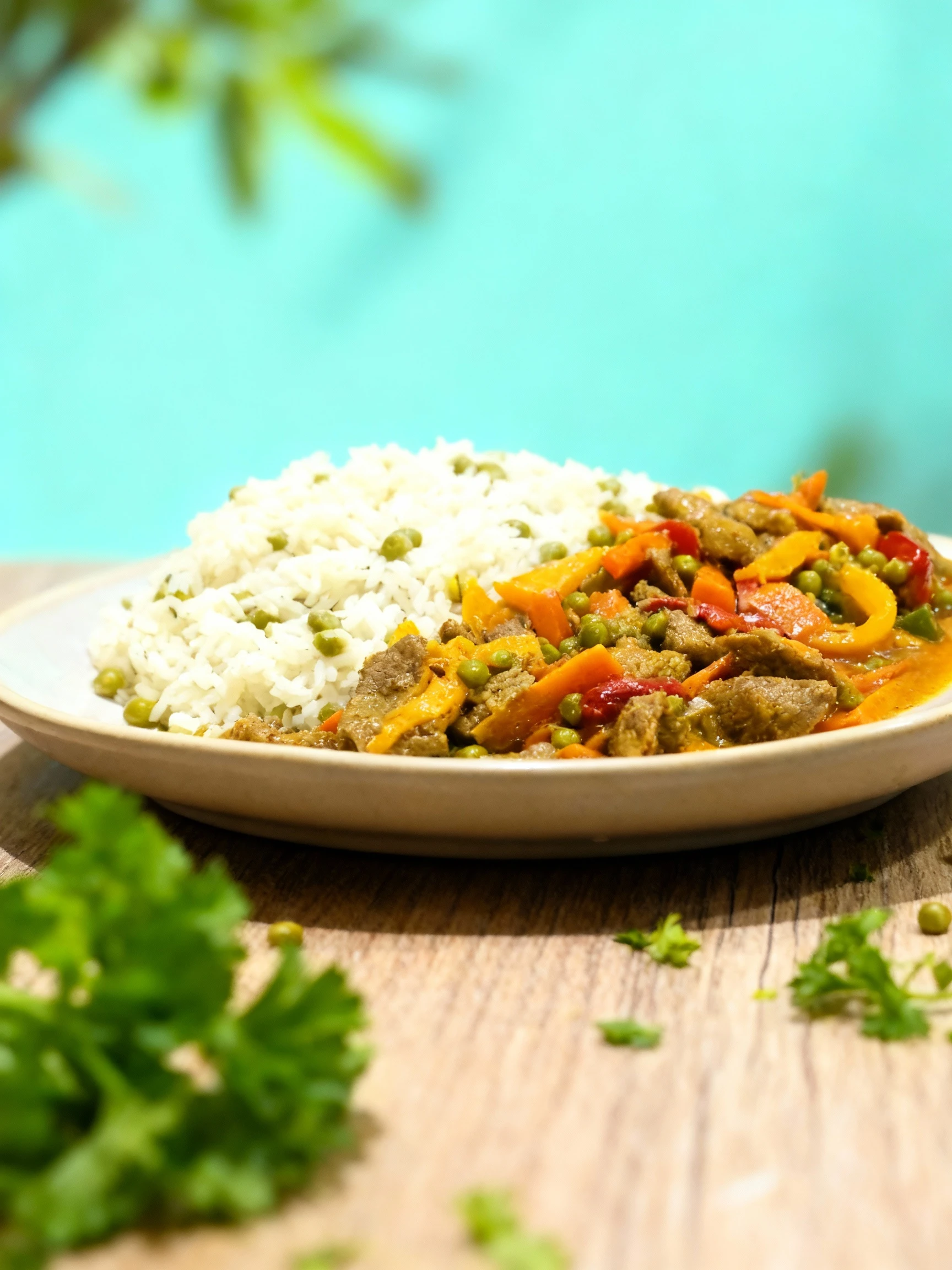 A hearty meal featuring white rice tossed with green peas, served alongside a savory beef stew composed of sliced meat, carrots, peas, and slices of yellow and