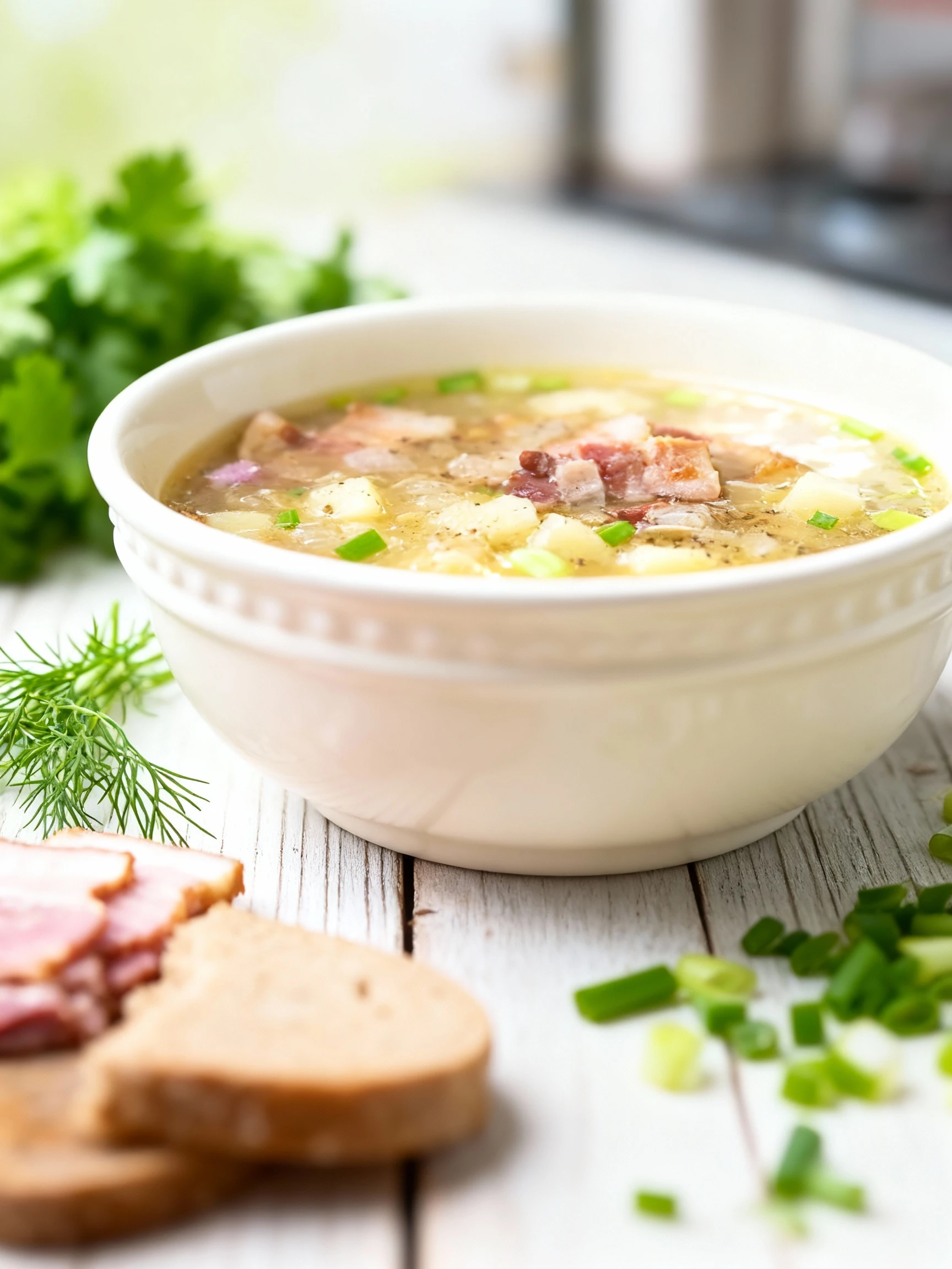 A rustic, clear broth soup containing diced potatoes, onions, and chunks of fatty pork or bacon, served alongside slices of cured smoked meat, dark rye bread, a